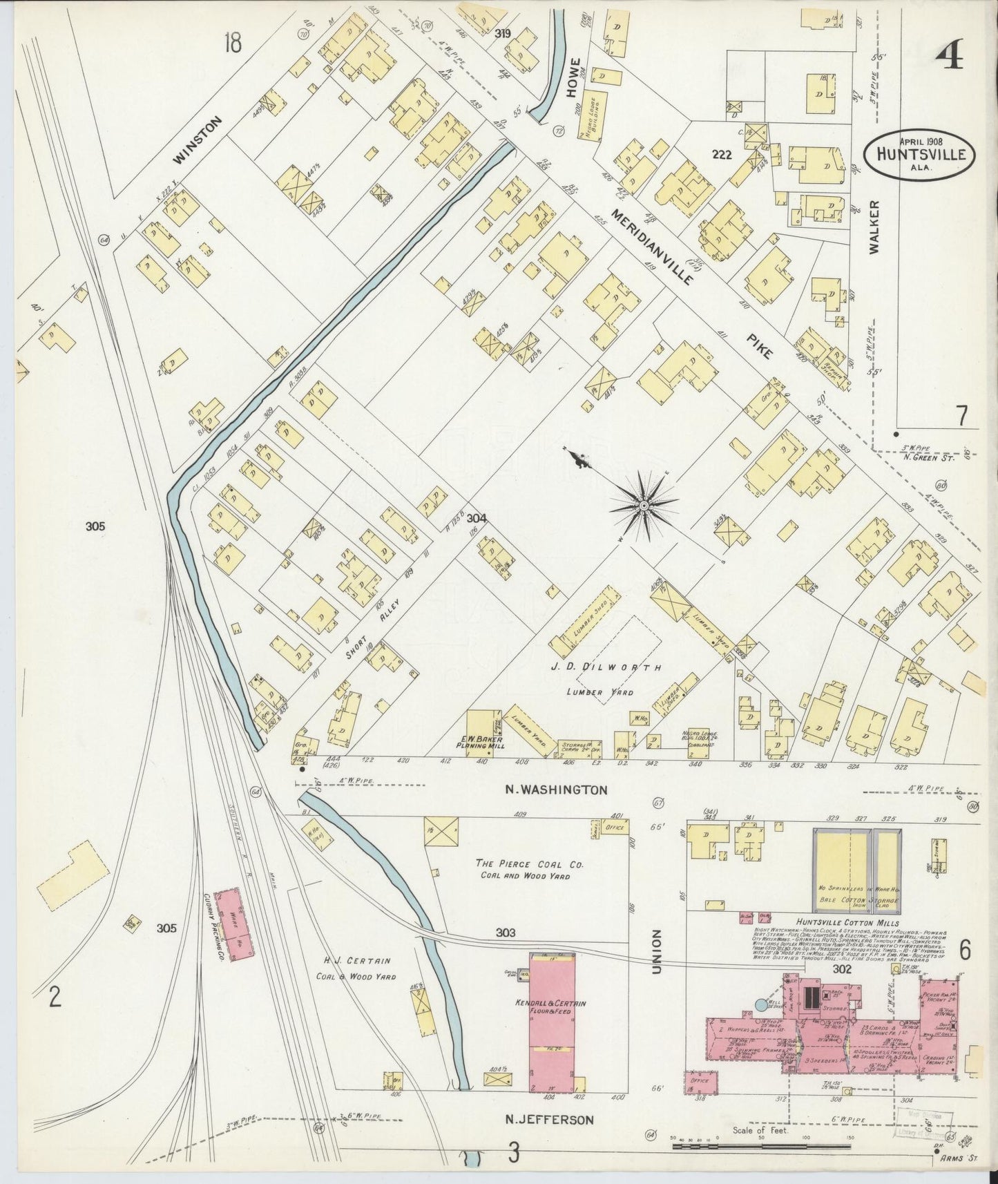 Sanborn Fire Insurance Map from Huntsville, Madison County, Alabama (1908), Sheet #0004 - Historic Sanborn Fire Insurance Map Print, vintage old map wall art, antique decor, genealogy gift, Alabama Alabama map