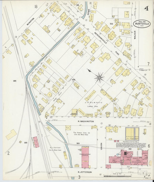 Sanborn Fire Insurance Map from Huntsville, Madison County, Alabama (1908), Sheet #0004 - Historic Sanborn Fire Insurance Map Print, vintage old map wall art, antique decor, genealogy gift, Alabama Alabama map