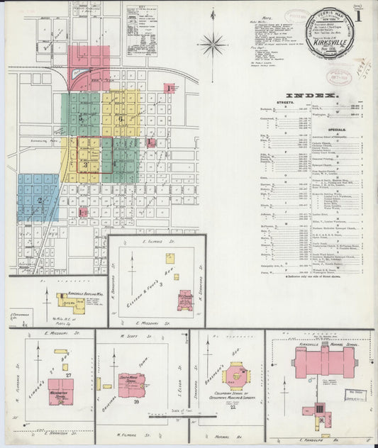Sanborn Fire Insurance Map from Kirksville, Adair County, Missouri (1898), Sheet #0001 - Historic Sanborn Fire Insurance Map Print, vintage old map wall art, antique decor, genealogy gift, Missouri Missouri map