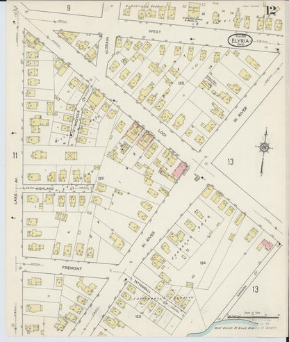 Sanborn Fire Insurance Map from Elyria, Lorain County, Ohio (1915), Sheet #0012 - Historic Sanborn Fire Insurance Map Print, vintage old map wall art, antique decor, genealogy gift, Ohio Ohio map