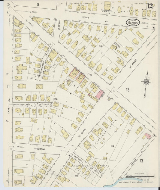 Sanborn Fire Insurance Map from Elyria, Lorain County, Ohio (1915), Sheet #0012 - Historic Sanborn Fire Insurance Map Print, vintage old map wall art, antique decor, genealogy gift, Ohio Ohio map