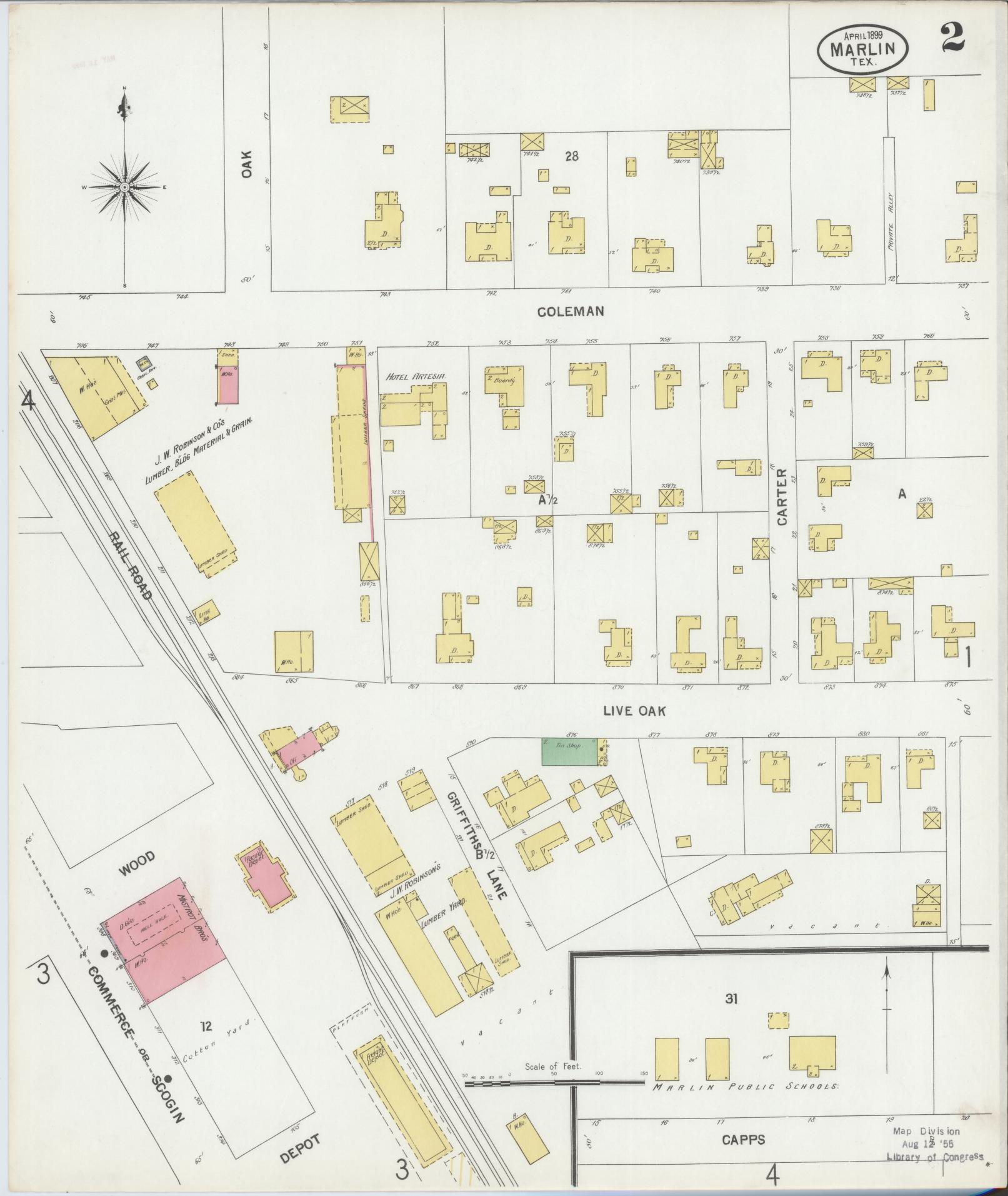 Sanborn Fire Insurance Map from Marlin, Falls County, Texas (1899), Sheet #0002 - Complete Map Set gallery image, historic Sanborn map, vintage wall art, Texas Texas