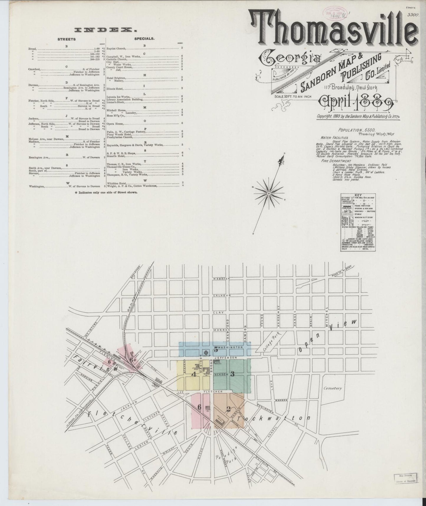 Sanborn Fire Insurance Map from Thomasville, Thomas County, Georgia (1889), Sheet #0001 - Historic Sanborn Fire Insurance Map Print, vintage old map wall art, antique decor, genealogy gift, Georgia Georgia map