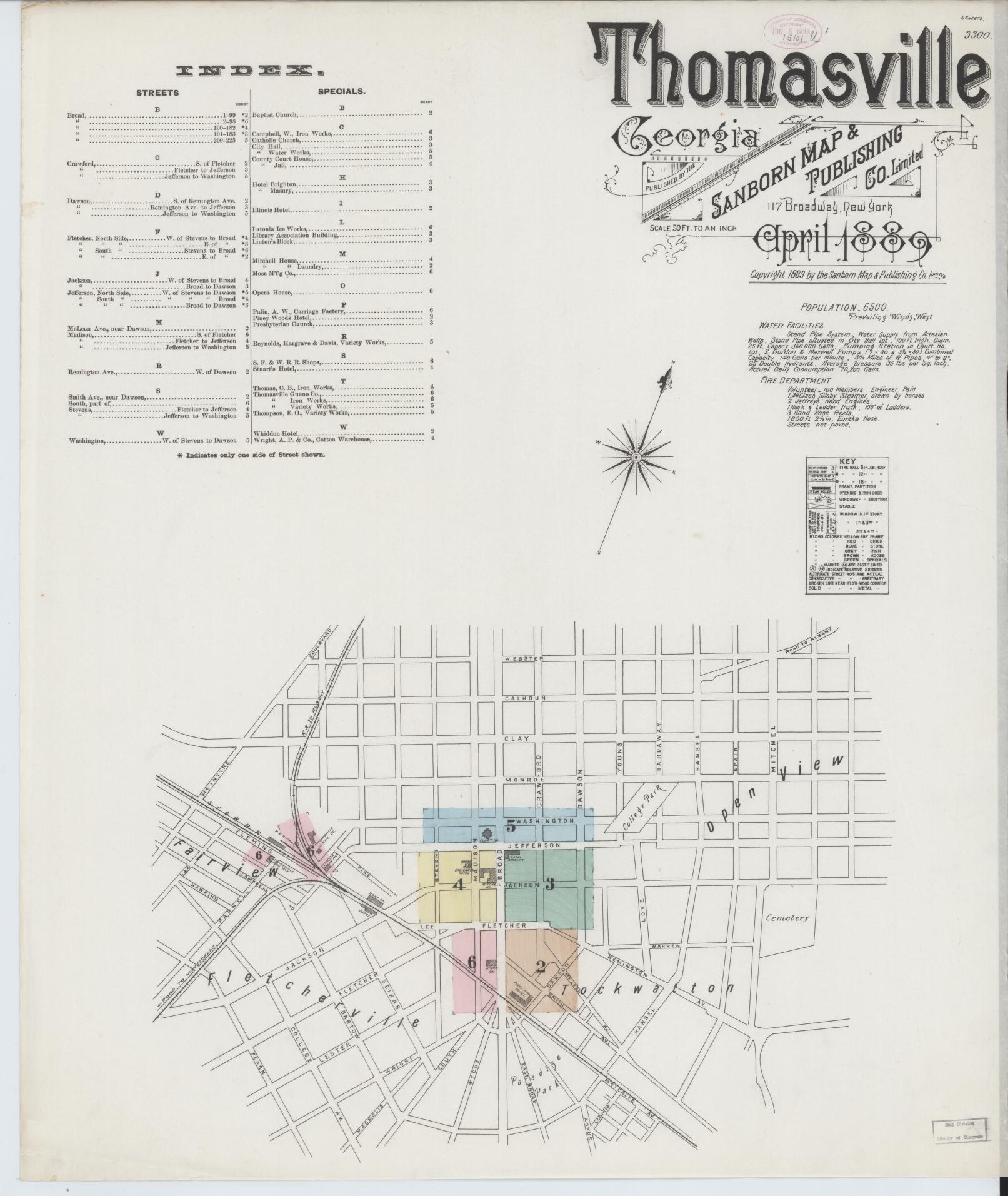 Sanborn Fire Insurance Map from Thomasville, Thomas County, Georgia (1889), Sheet #0001 - Historic Sanborn Fire Insurance Map Print, vintage old map wall art, antique decor, genealogy gift, Georgia Georgia map