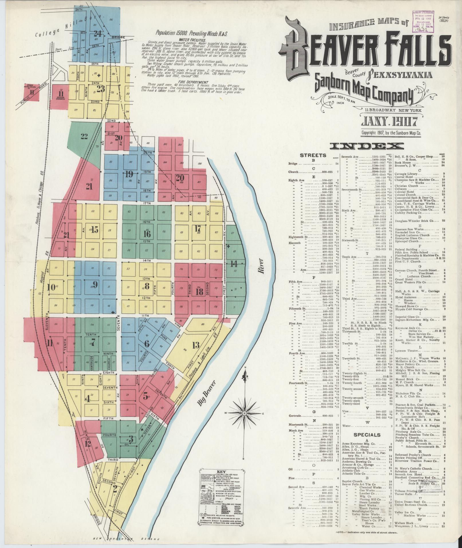 Sanborn Fire Insurance Map from Beaver Falls, Beaver County, Pennsylvania (1907), Sheet #0001 - Historic Sanborn Fire Insurance Map Print, vintage old map wall art, antique decor, genealogy gift, Pennsylvania Pennsylvania map