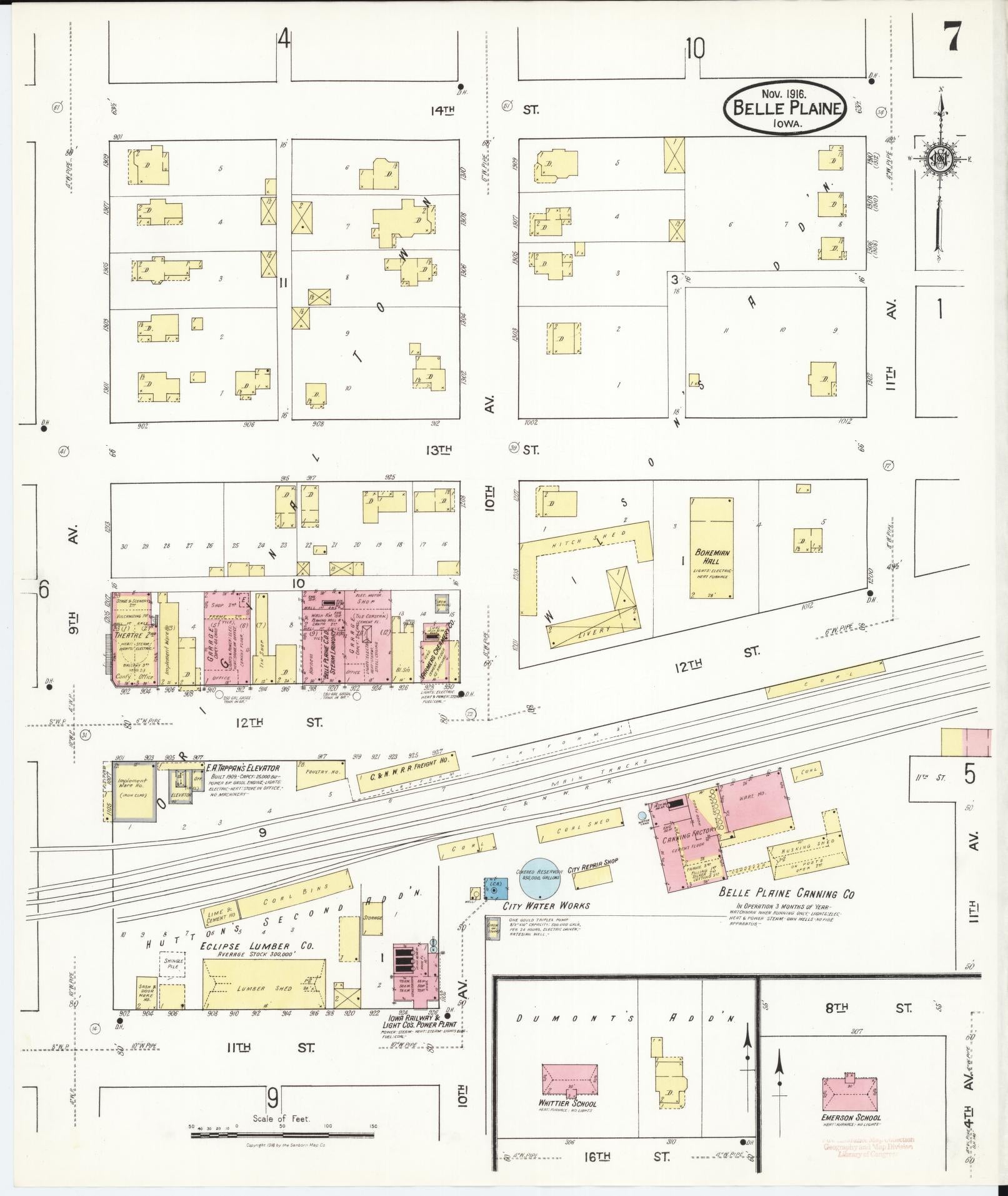 Sanborn Fire Insurance Map from Belle Plaine, Benton County, Iowa (1916), Sheet #0007 - Historic Sanborn Fire Insurance Map Print, vintage old map wall art