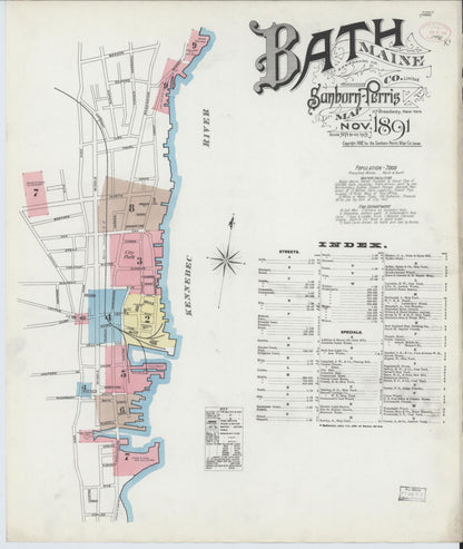 Sanborn Fire Insurance Map from Bath, Sagadahoc County, Maine (1891), Sheet #0001 - Complete Map Set gallery image, historic Sanborn map, vintage wall art, Maine Maine