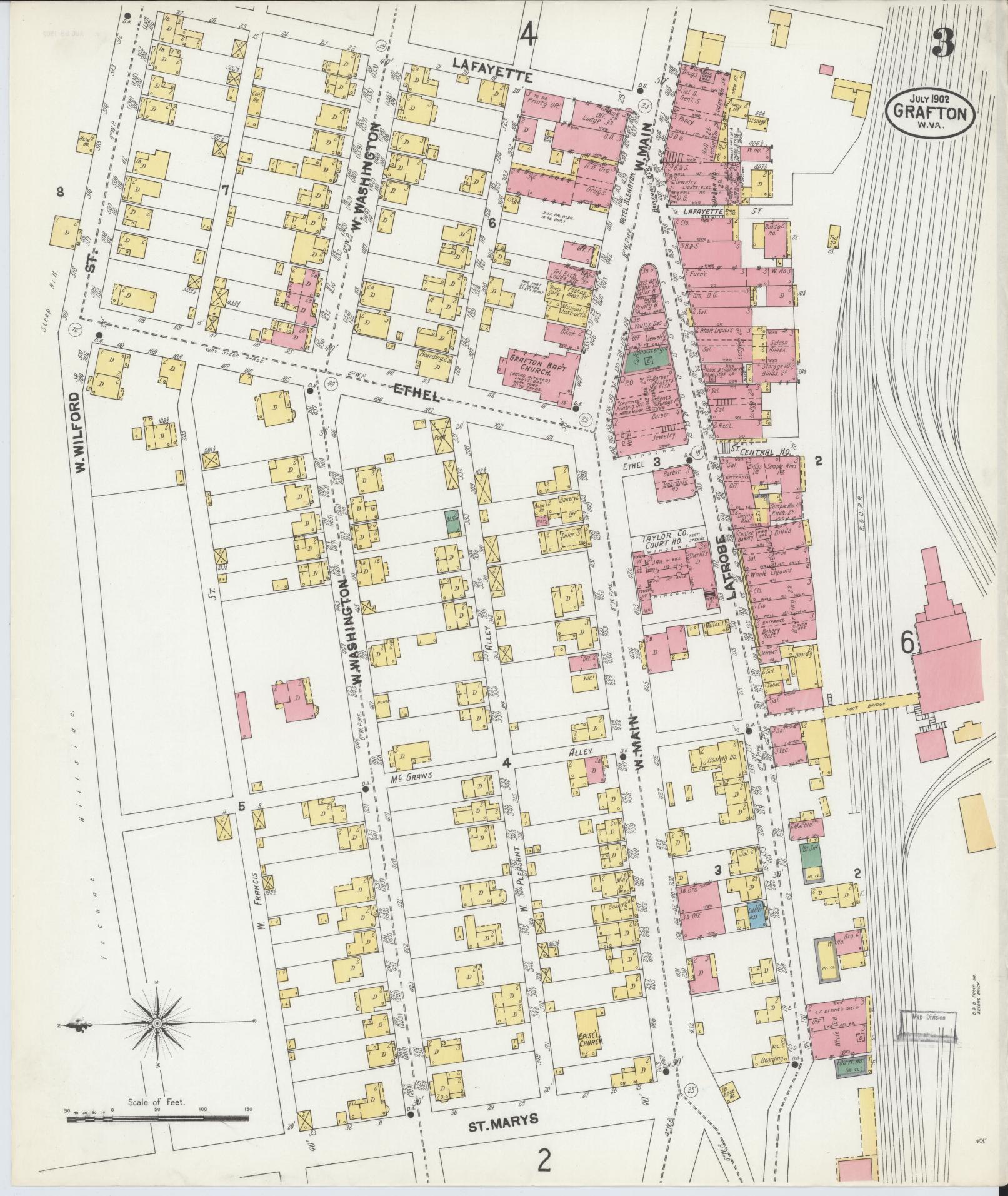 Sanborn Fire Insurance Map from Grafton, Taylor County, West Virginia (1902), Sheet #0003 - Complete Map Set gallery image, historic Sanborn map, vintage wall art, West Virginia West Virginia