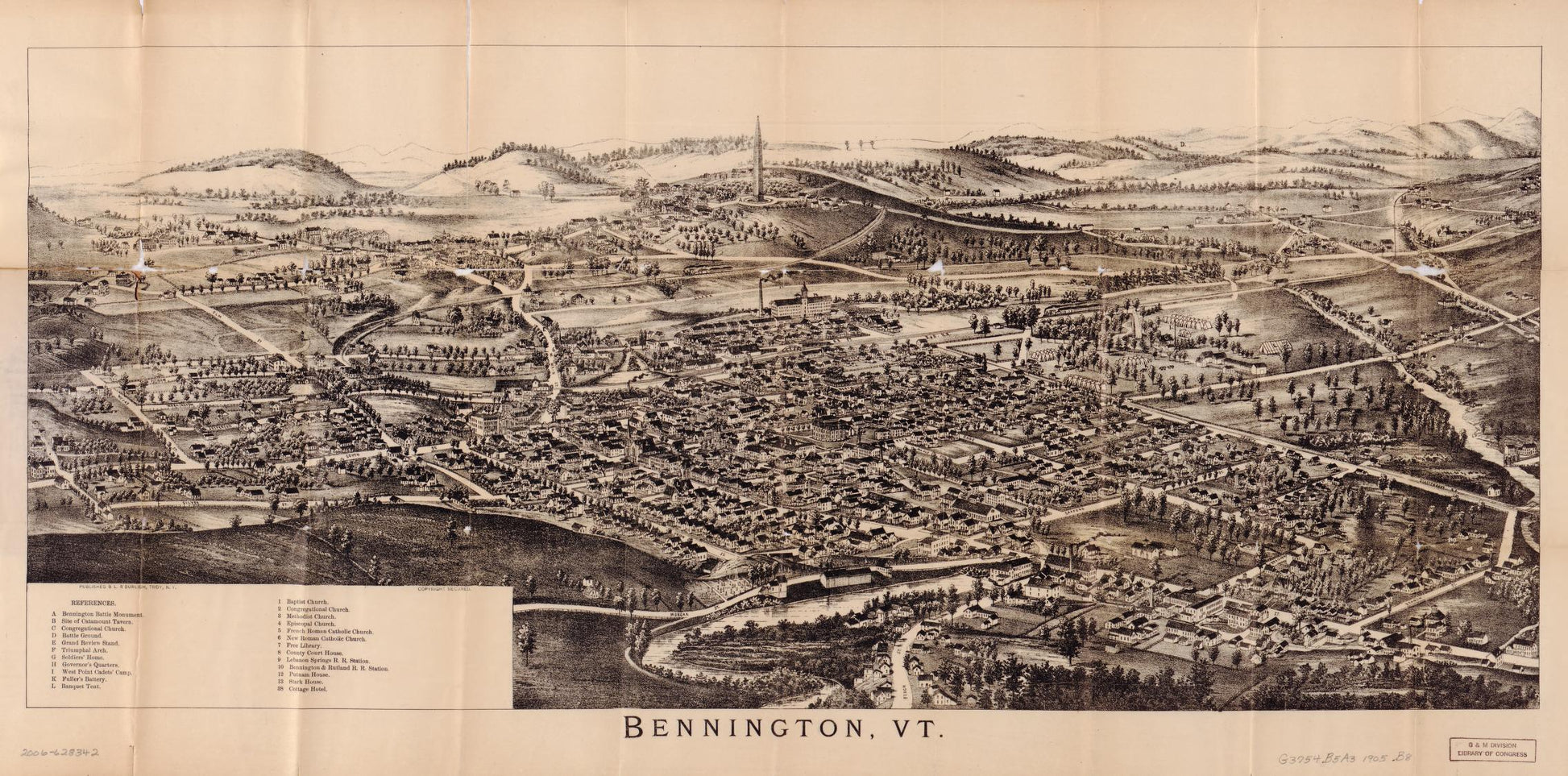 Folded bird's-eye view of Bennington, VT. : showing all points of interest. (1905) – Historic Bird’s-Eye View Panorama Print
