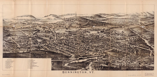 Folded bird's-eye view of Bennington, VT. : showing all points of interest. (1905) – Historic Bird’s-Eye View Panorama Print
