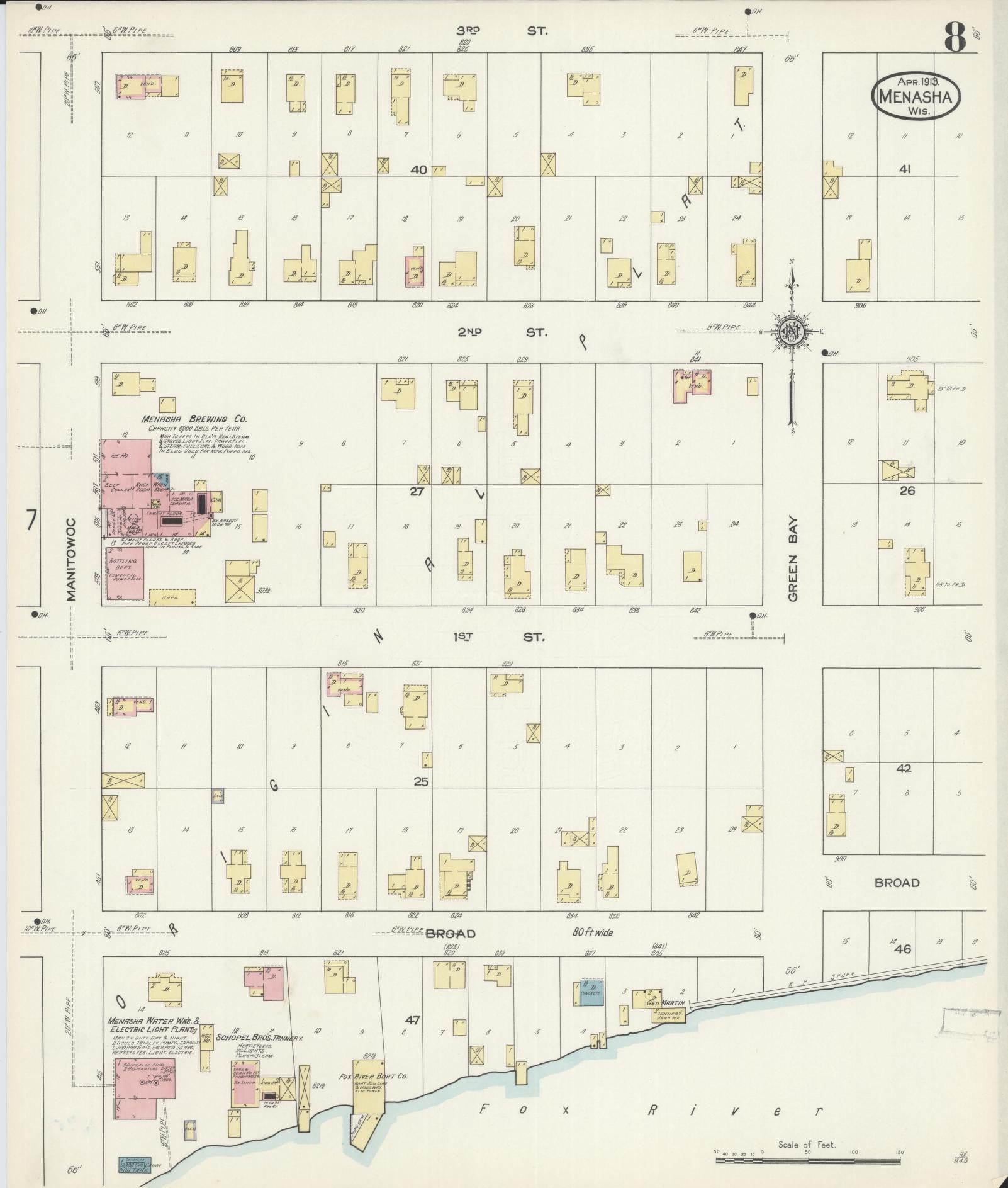 Sanborn Fire Insurance Map from Menasha, Winnebago County, Wisconsin (1913), Sheet #0008 - Complete Map Set gallery image, historic Sanborn map, vintage wall art, Wisconsin Wisconsin