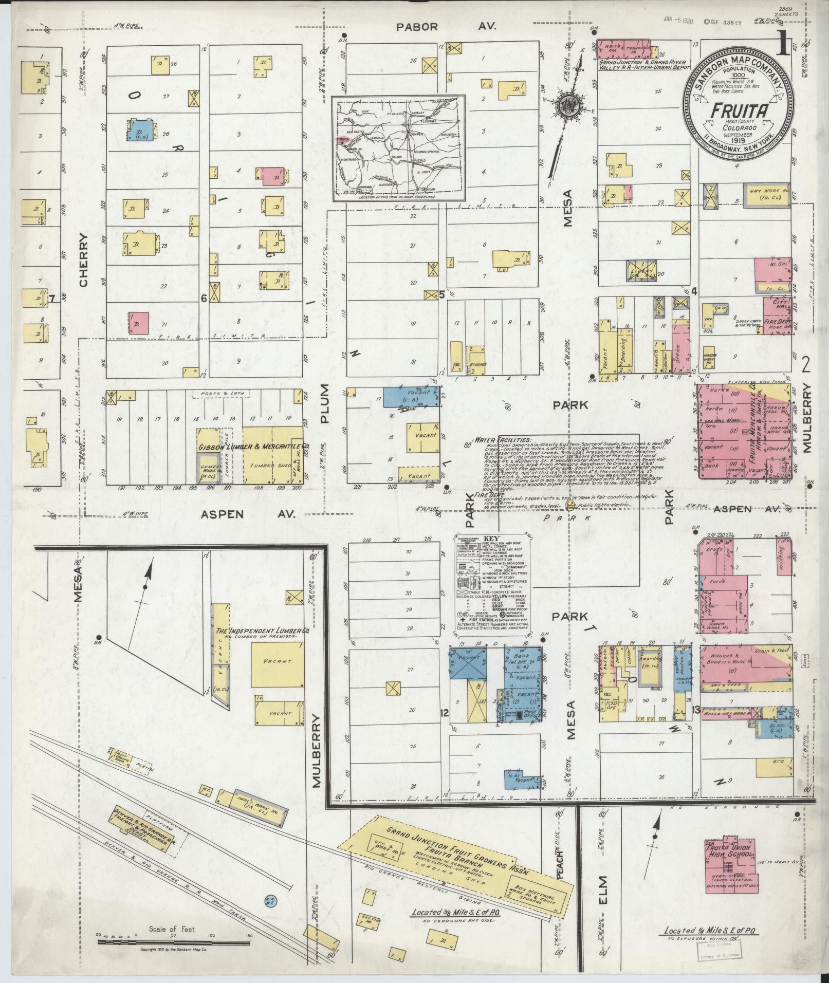 Sanborn Fire Insurance Map from Fruita, Mesa County, Colorado (1919), Sheet #0001 - Complete Map Set gallery image, historic Sanborn map, vintage wall art, Colorado Colorado