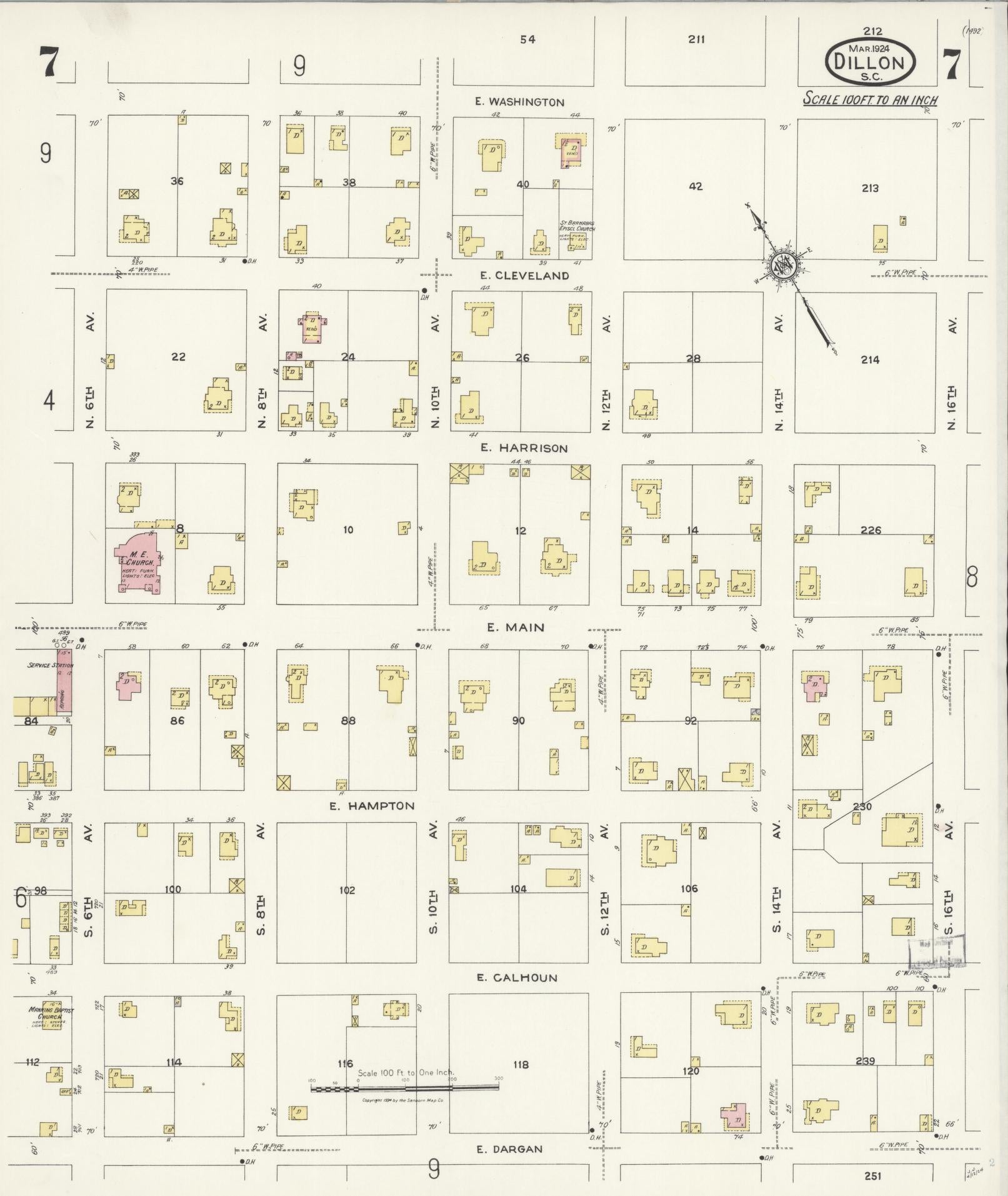 Sanborn Fire Insurance Map from Dillon, Dillon County, South Carolina (1924), Sheet #0007 - Complete Map Set gallery image, historic Sanborn map, vintage wall art, South Carolina South Carolina