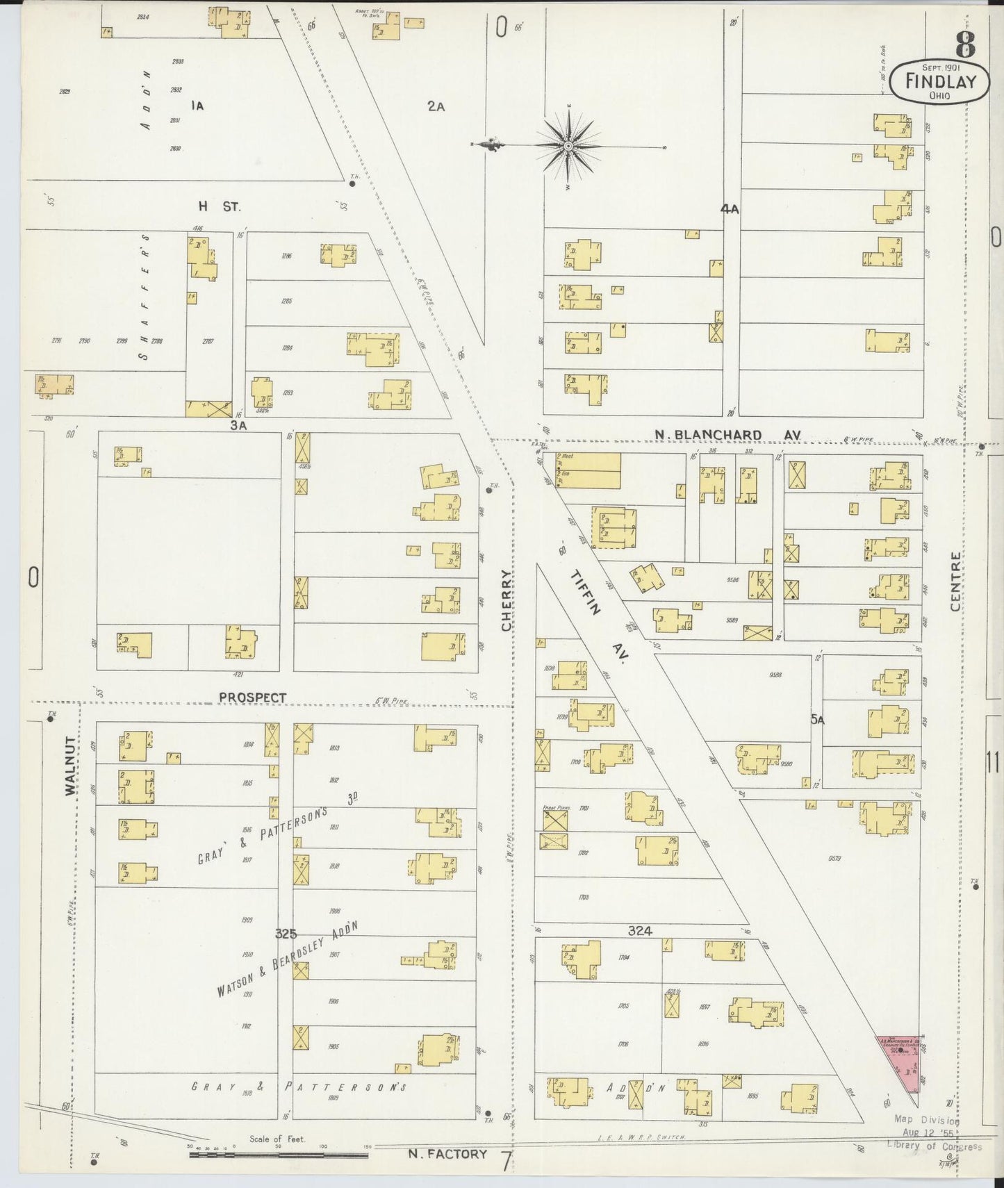 Sanborn Fire Insurance Map from Findlay, Hancock County, Ohio (1901), Sheet #0008 - Historic Sanborn Fire Insurance Map Print, vintage old map wall art, antique decor, genealogy gift, Ohio Ohio map