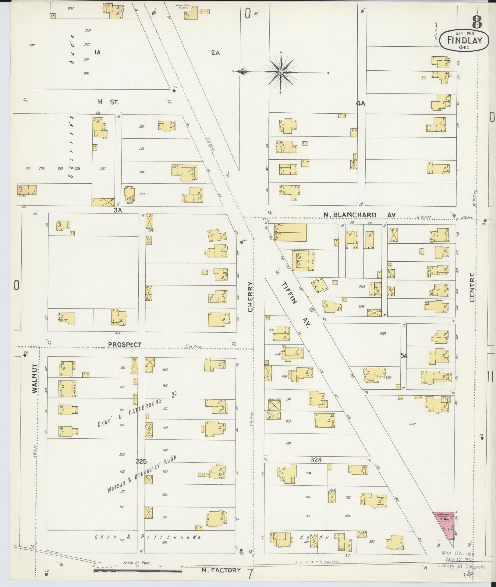Sanborn Fire Insurance Map from Findlay, Hancock County, Ohio (1901), Sheet #0008 - Historic Sanborn Fire Insurance Map Print, vintage old map wall art, antique decor, genealogy gift, Ohio Ohio map