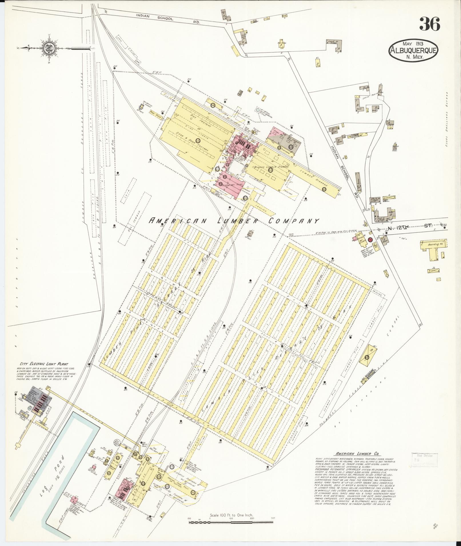 Sanborn Fire Insurance Map from Albuquerque, Bernalillo County, New Mexico (1913), Sheet #0036 - Historic Sanborn Fire Insurance Map Print, vintage old map wall art, antique decor, genealogy gift, New Mexico New Mexico map