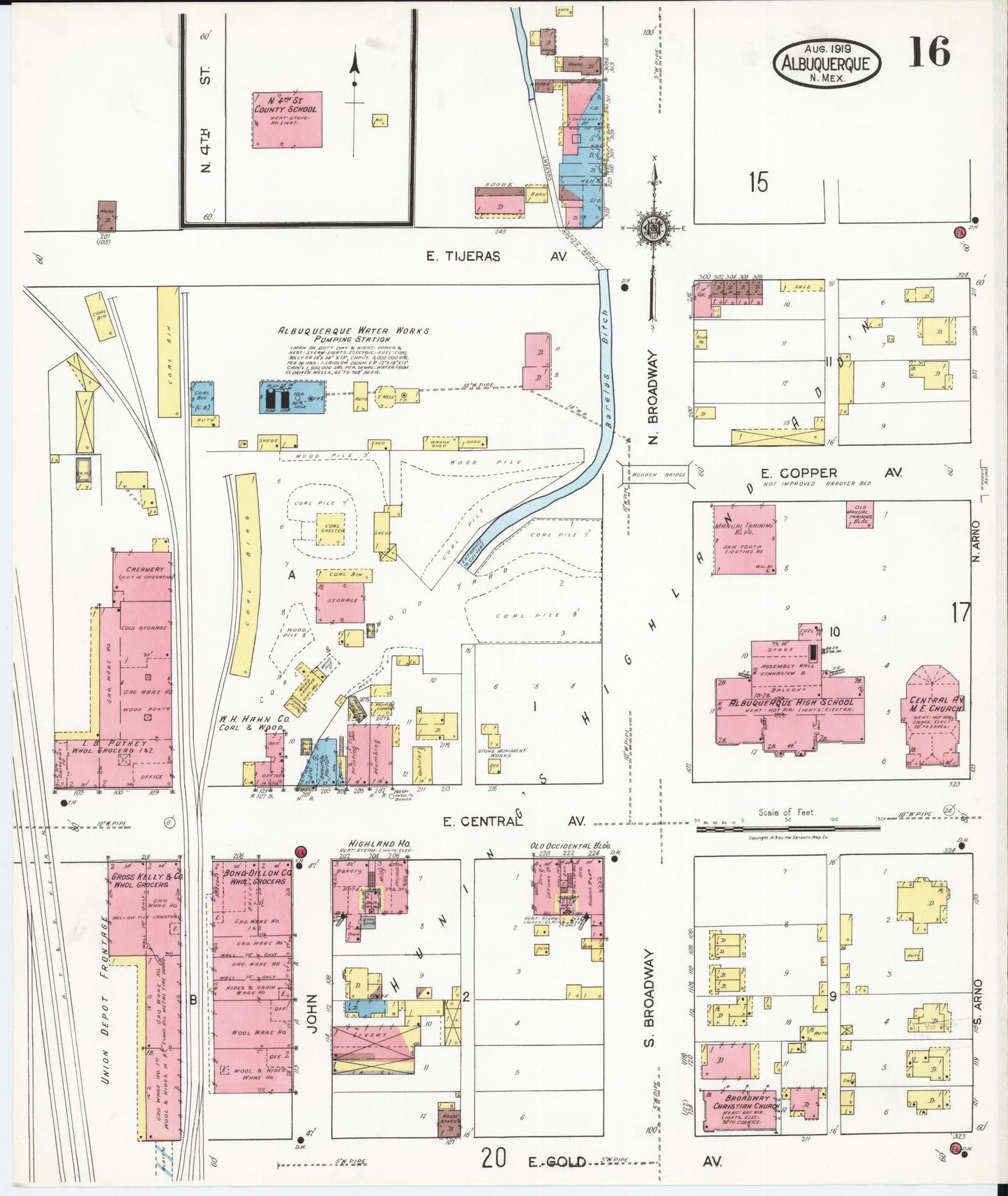Sanborn Fire Insurance Map from Albuquerque, Bernalillo County, New Mexico (1919), Sheet #0016 - Historic Sanborn Fire Insurance Map Print, vintage old map wall art, antique decor, genealogy gift, New Mexico New Mexico map
