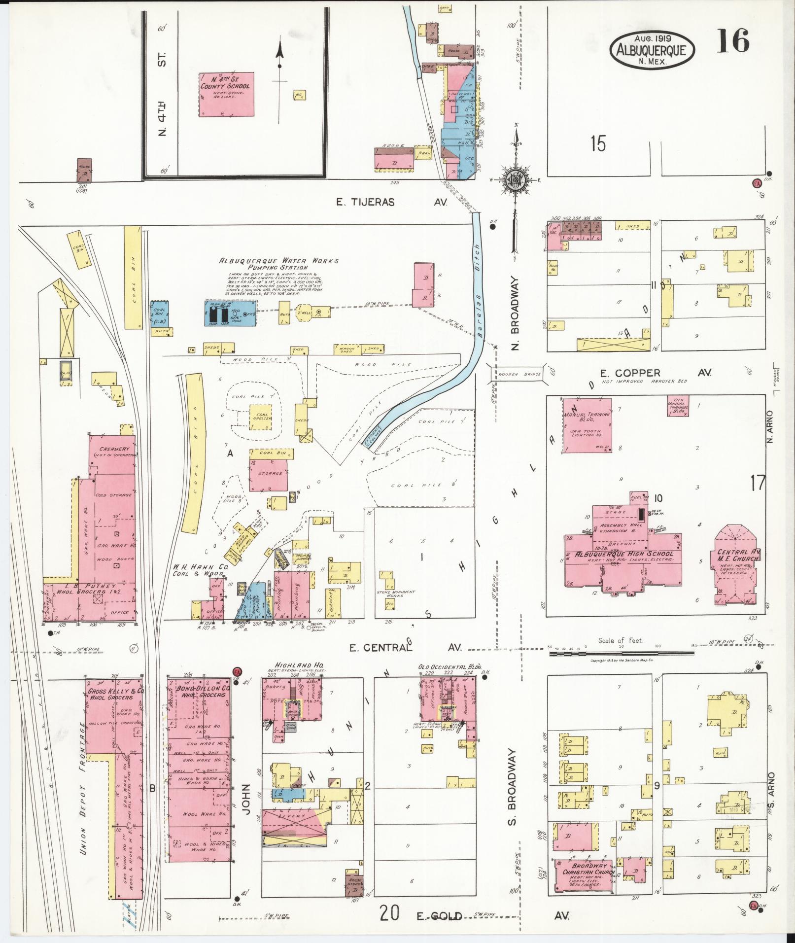 Sanborn Fire Insurance Map from Albuquerque, Bernalillo County, New Mexico (1919), Sheet #0016 - Historic Sanborn Fire Insurance Map Print, vintage old map wall art, antique decor, genealogy gift, New Mexico New Mexico map