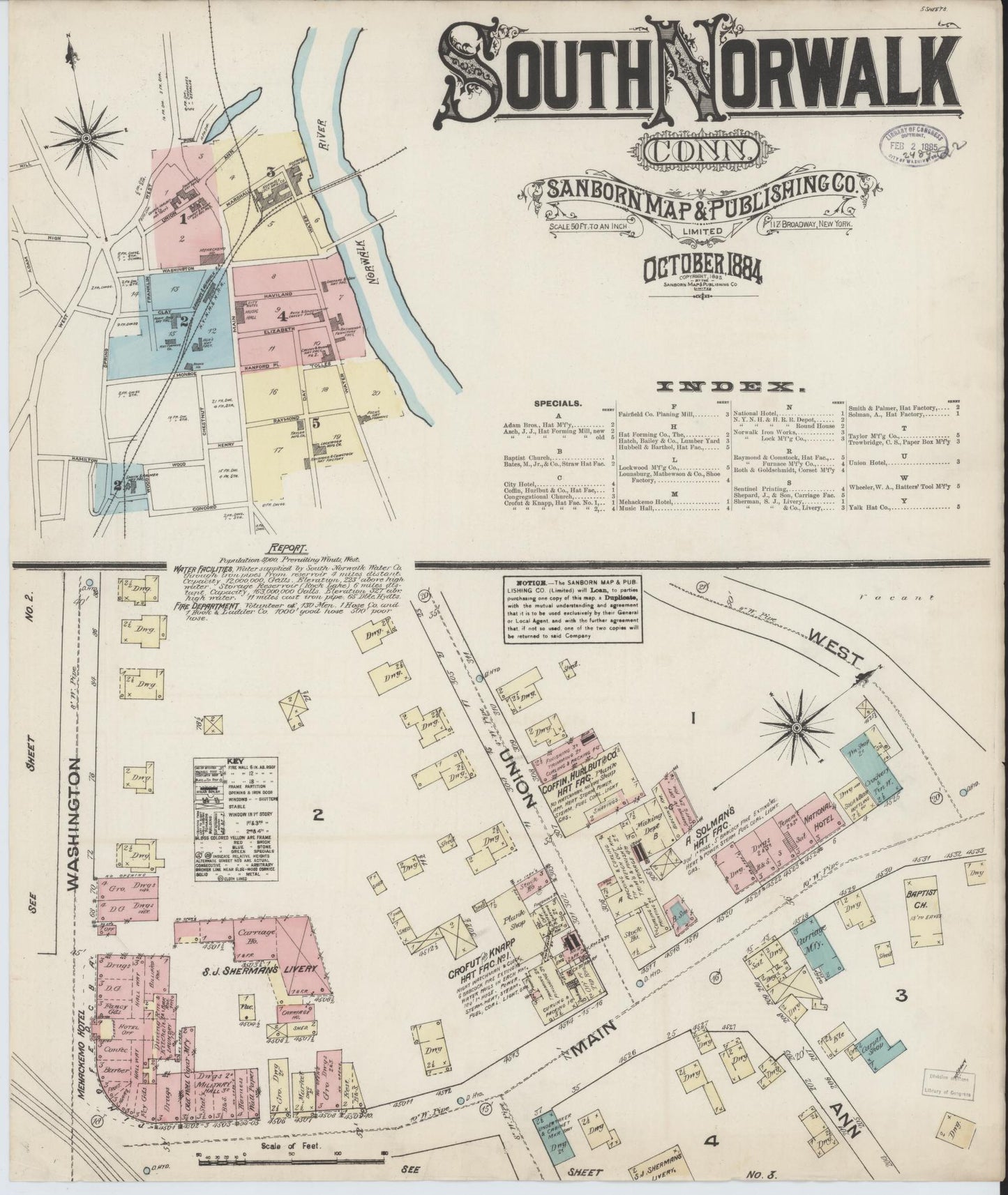 Sanborn Fire Insurance Map from South Norwalk, Fairfield County, Connecticut (1884), Sheet #0001 - Historic Sanborn Fire Insurance Map Print, vintage old map wall art, antique decor, genealogy gift, Connecticut Connecticut map