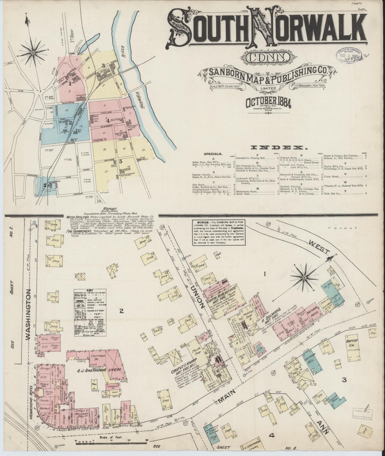 Sanborn Fire Insurance Map from South Norwalk, Fairfield County, Connecticut (1884), Sheet #0001 - Historic Sanborn Fire Insurance Map Print, vintage old map wall art, antique decor, genealogy gift, Connecticut Connecticut map