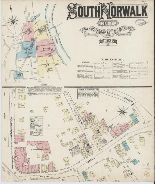 Sanborn Fire Insurance Map from South Norwalk, Fairfield County, Connecticut (1884), Sheet #0001 - Historic Sanborn Fire Insurance Map Print, vintage old map wall art, antique decor, genealogy gift, Connecticut Connecticut map