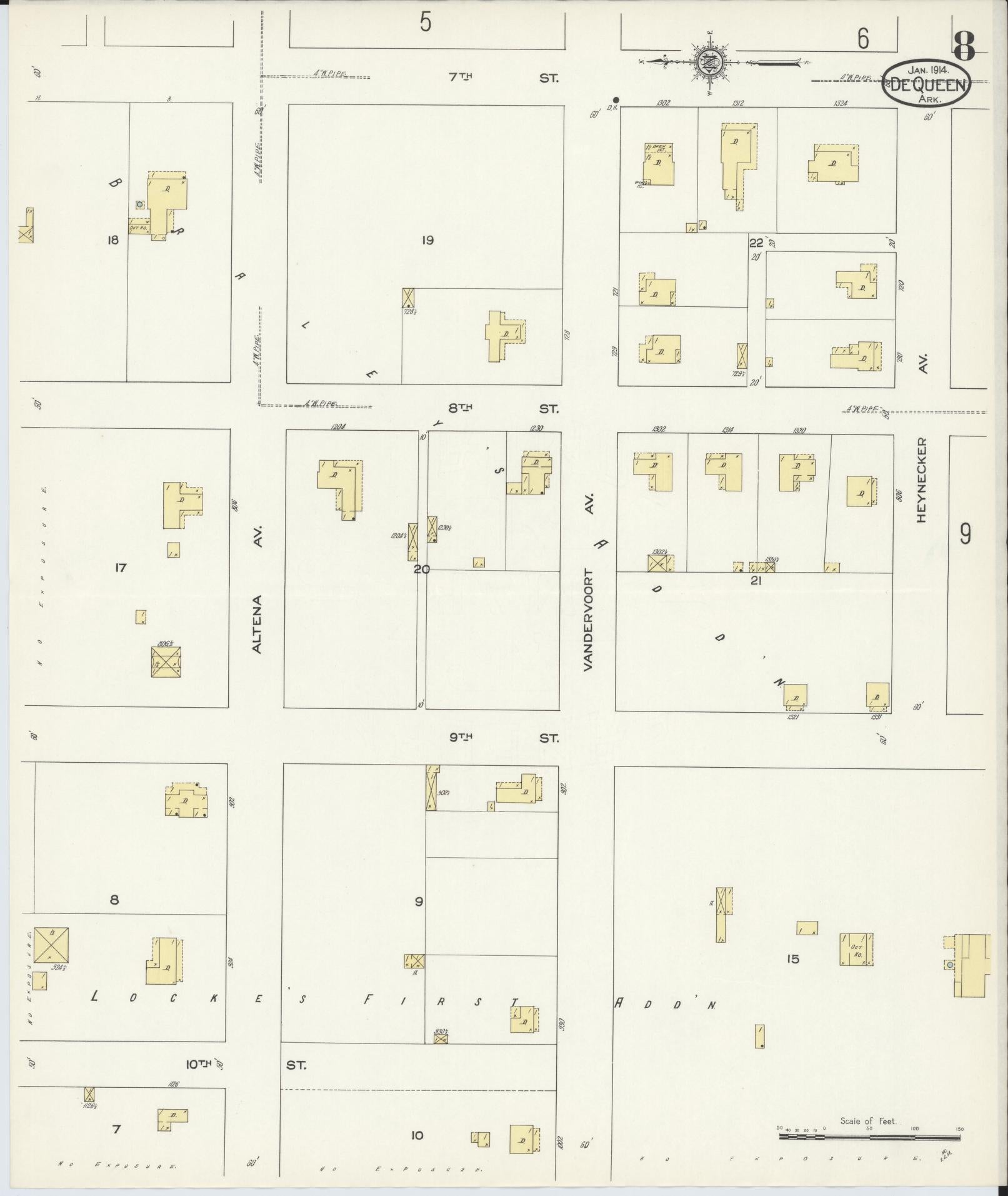 Sanborn Fire Insurance Map from De Queen, Sevier County, Arkansas (1914), Sheet #0008 - Complete Map Set gallery image, historic Sanborn map, vintage wall art, Arkansas Arkansas