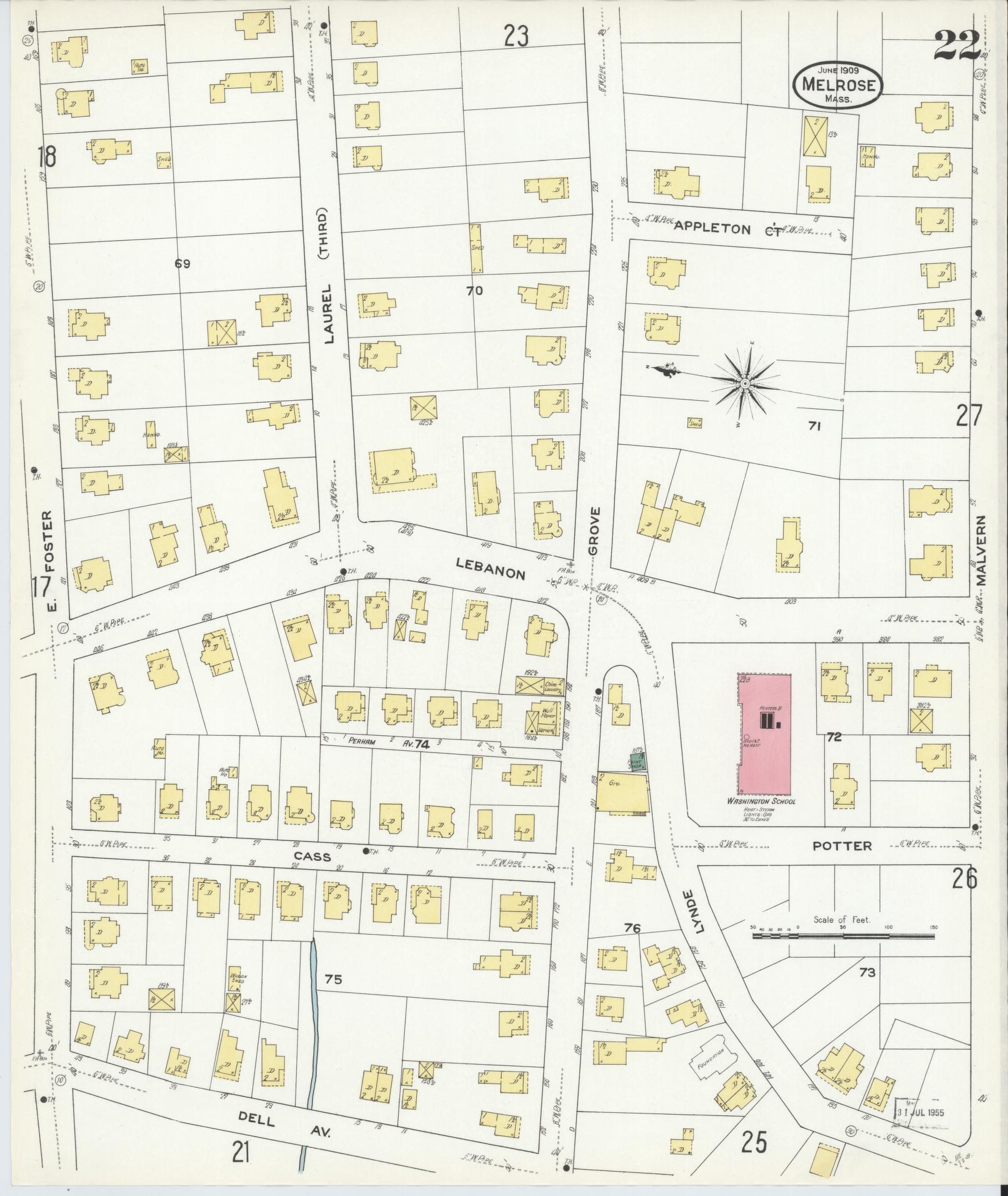 Sanborn Fire Insurance Map from Melrose, Middlesex County, Massachusetts (1909), Sheet #0022 - Historic Sanborn Fire Insurance Map Print, vintage old map wall art, antique decor, genealogy gift, Massachusetts Massachusetts map
