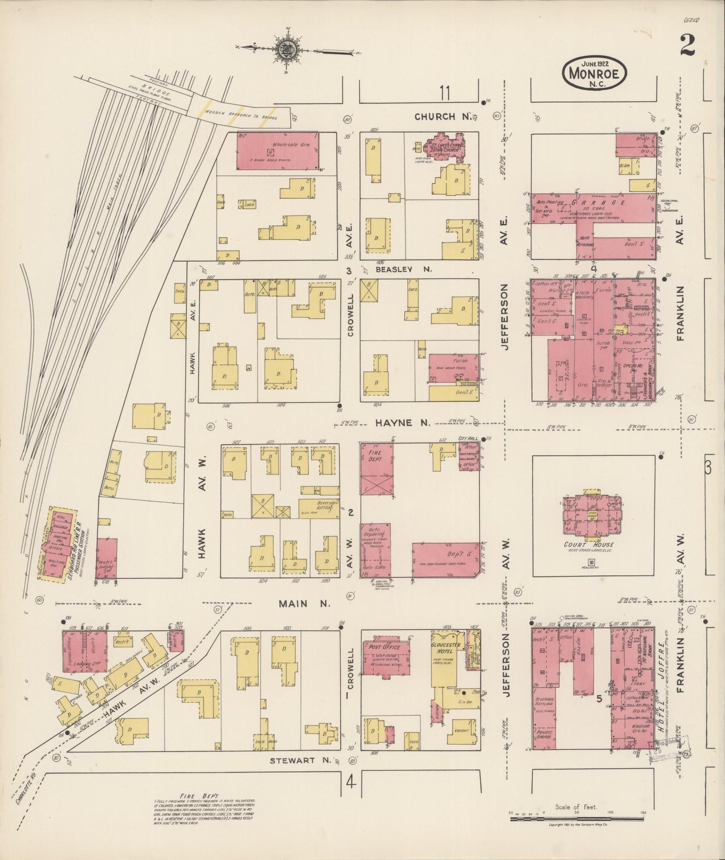 Sanborn Fire Insurance Map from Monroe, Union County, North Carolina (1922), Sheet #0002 - Historic Sanborn Fire Insurance Map Print, vintage old map wall art, antique decor, genealogy gift, North Carolina North Carolina map