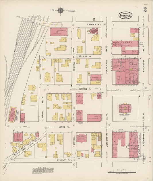 Sanborn Fire Insurance Map from Monroe, Union County, North Carolina (1922), Sheet #0002 - Historic Sanborn Fire Insurance Map Print, vintage old map wall art, antique decor, genealogy gift, North Carolina North Carolina map