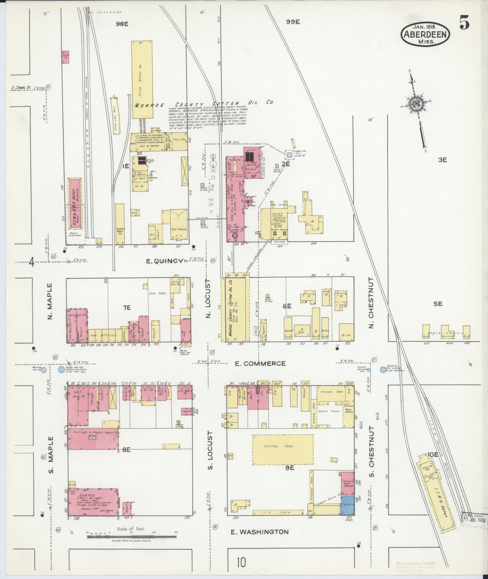 Sanborn Fire Insurance Map from Aberdeen, Monroe County, Mississippi (1918), Sheet #0005 - Historic Sanborn Fire Insurance Map Print, vintage old map wall art, antique decor, genealogy gift, Mississippi Mississippi map