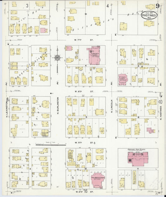 Sanborn Fire Insurance Map from Hastings, Adams County, Nebraska (1910), Sheet #0009 - Historic Sanborn Fire Insurance Map Print, vintage old map wall art, antique decor, genealogy gift, Nebraska Nebraska map