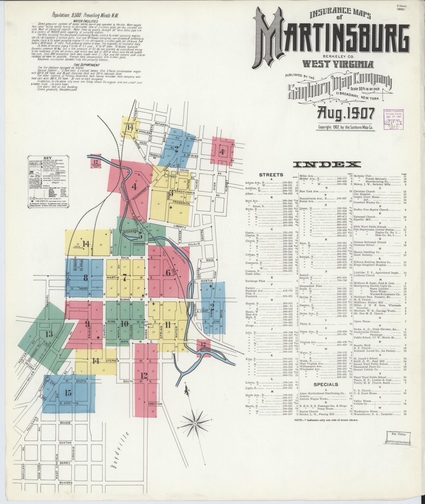 Sanborn Fire Insurance Map from Martinsburg, Berkeley County, West Virginia (1907), Sheet #0001 - Historic Sanborn Fire Insurance Map Print, vintage old map wall art, antique decor, genealogy gift, West Virginia West Virginia map