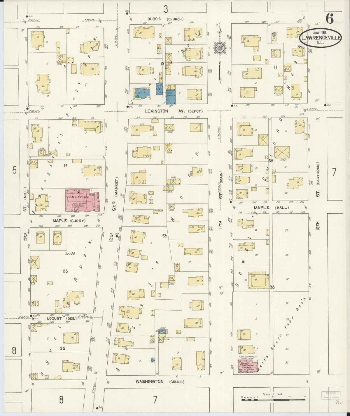 Sanborn Fire Insurance Map from Lawrenceville, Lawrence County, Illinois (1912), Sheet #0006 - Complete Map Set gallery image, historic Sanborn map, vintage wall art, Illinois Illinois