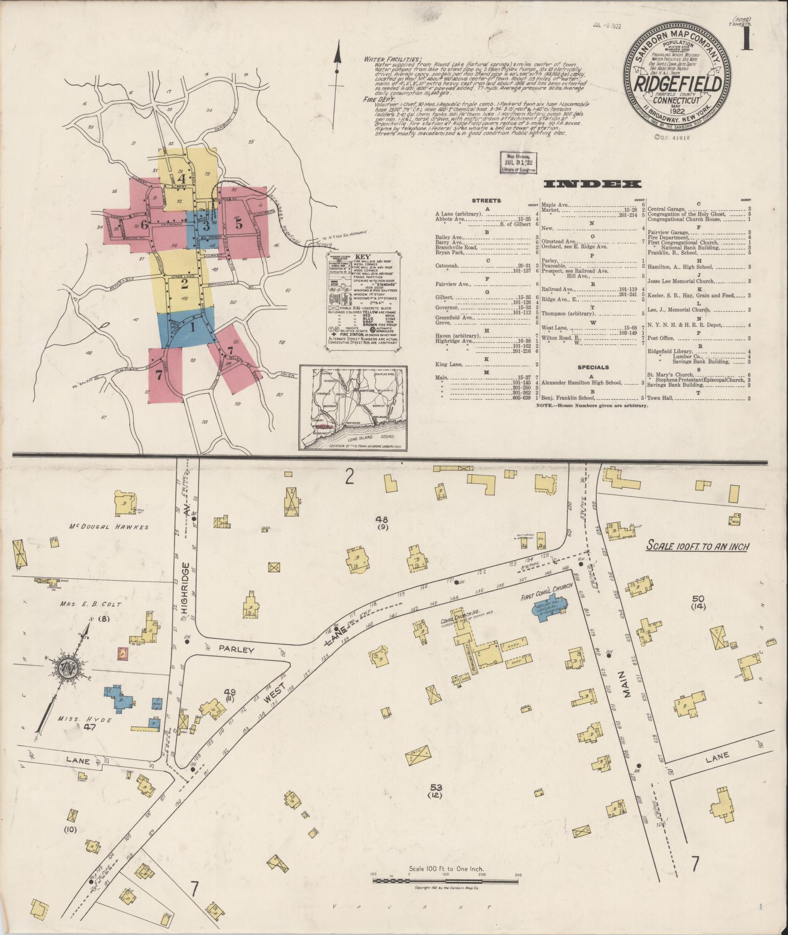 Sanborn Fire Insurance Map from Ridgefield, Fairfield County, Connecticut (1922), Sheet #0001 - Complete Map Set gallery image, historic Sanborn map, vintage wall art, Connecticut Connecticut