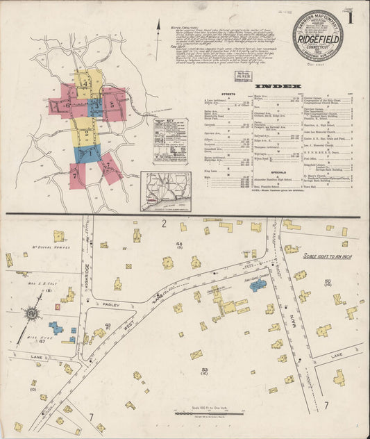 Sanborn Fire Insurance Map from Ridgefield, Fairfield County, Connecticut (1922), Sheet #0001 - Complete Map Set gallery image, historic Sanborn map, vintage wall art, Connecticut Connecticut