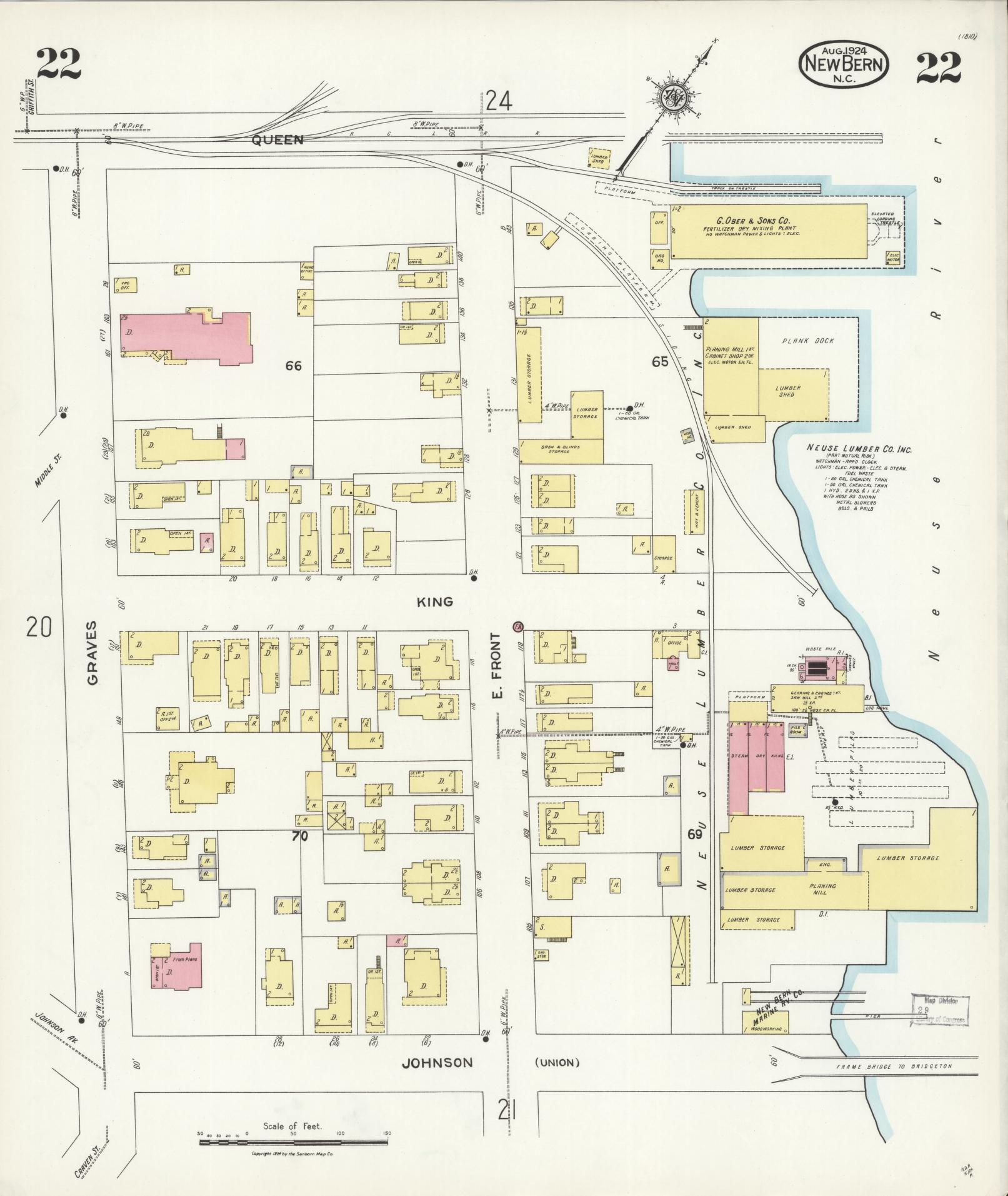 Sanborn Fire Insurance Map from New Bern, Craven County, North Carolina (1924), Sheet #0022 - Historic Sanborn Fire Insurance Map Print, vintage old map wall art, antique decor, genealogy gift, North Carolina North Carolina map