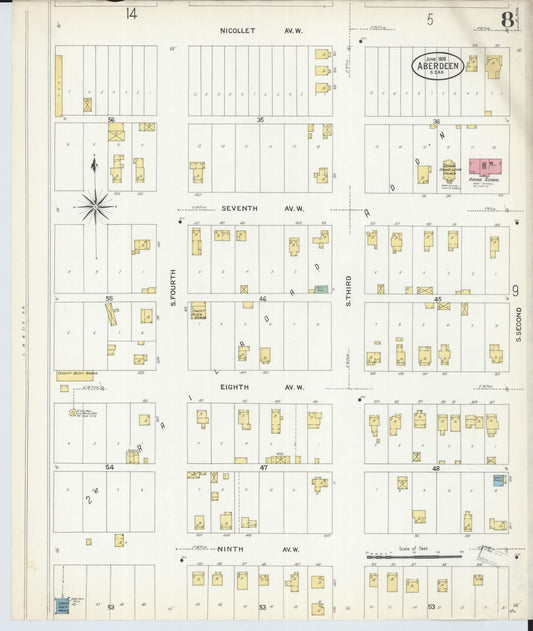 Sanborn Fire Insurance Map from Aberdeen, Brown County, South Dakota (1908), Sheet #0008 - Historic Sanborn Fire Insurance Map Print, vintage old map wall art, antique decor, genealogy gift, South Dakota South Dakota map