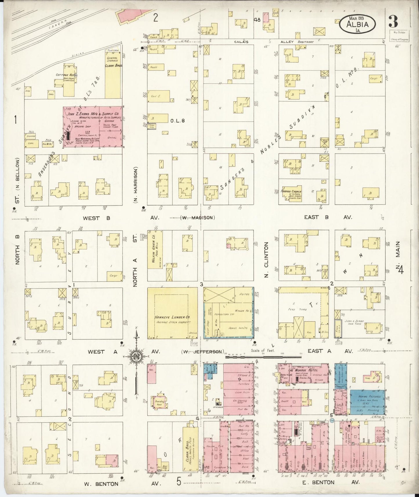 Sanborn Fire Insurance Map from Albia, Monroe County, Iowa (1913), Sheet #0003 - Historic Sanborn Fire Insurance Map Print, vintage old map wall art
