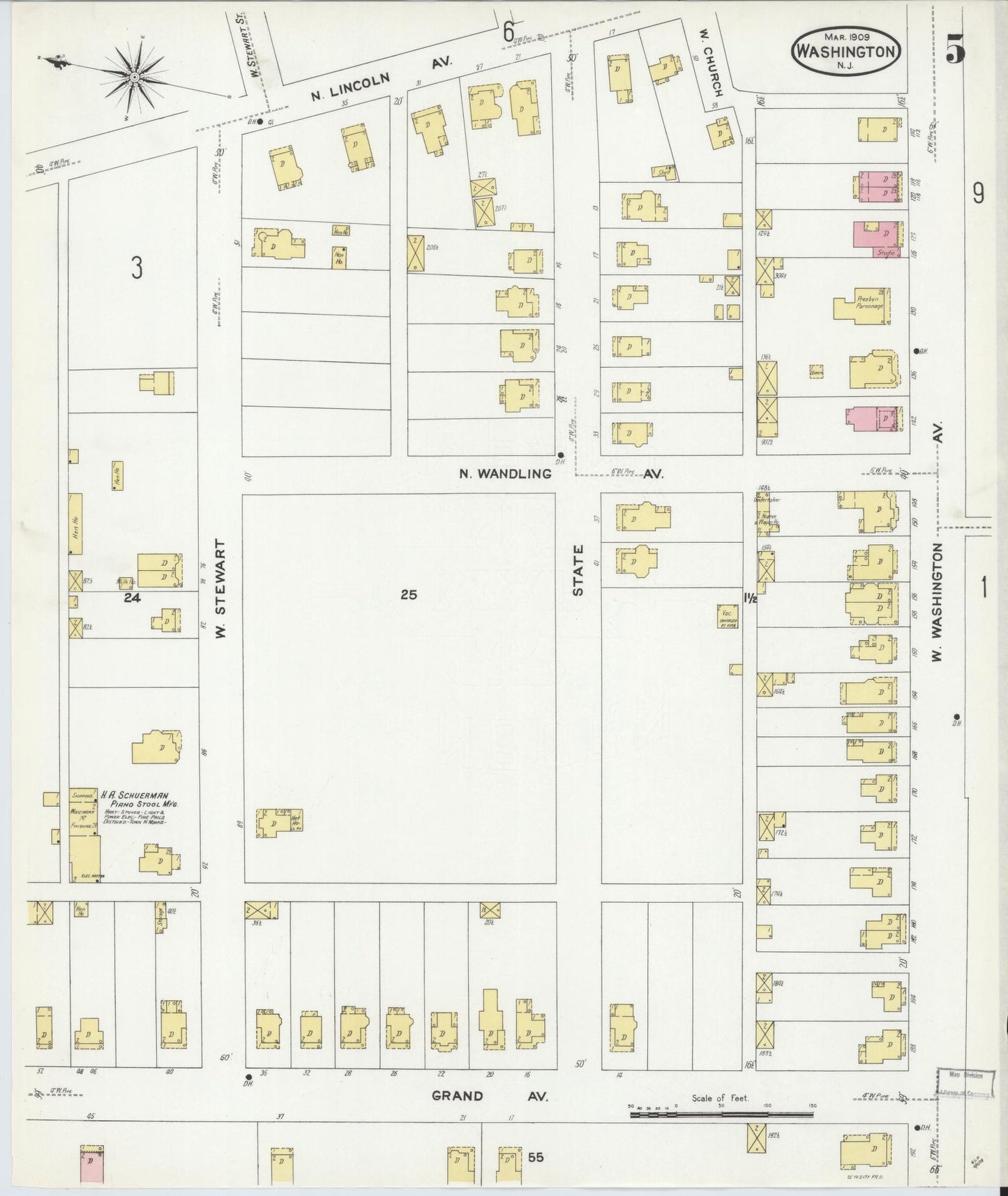 Sanborn Fire Insurance Map from Washington, Warren County, New Jersey (1909), Sheet #0005 - Historic Sanborn Fire Insurance Map Print, vintage old map wall art, antique decor, genealogy gift, Washington Washington map