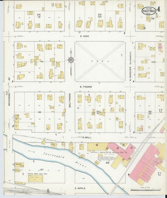 Sanborn Fire Insurance Map from Hastings, Barry County, Michigan (1916), Sheet #0004 - Historic Sanborn Fire Insurance Map Print, vintage old map wall art, antique decor, genealogy gift, Michigan Michigan map