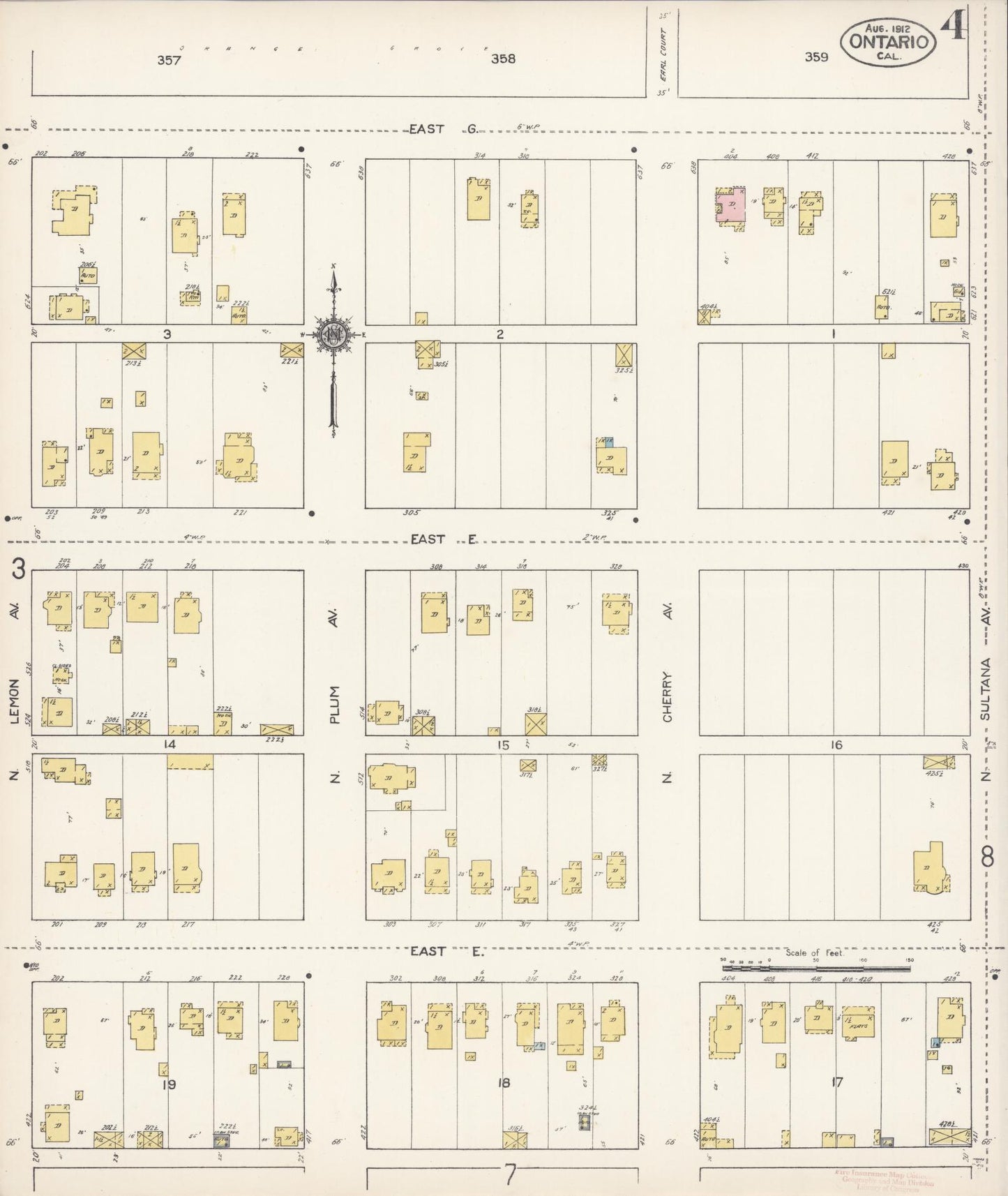 Sanborn Fire Insurance Map from Ontario, San Bernardino County, California (1912), Sheet #0004 - Historic Sanborn Fire Insurance Map Print, vintage old map wall art, antique decor, genealogy gift, California California map