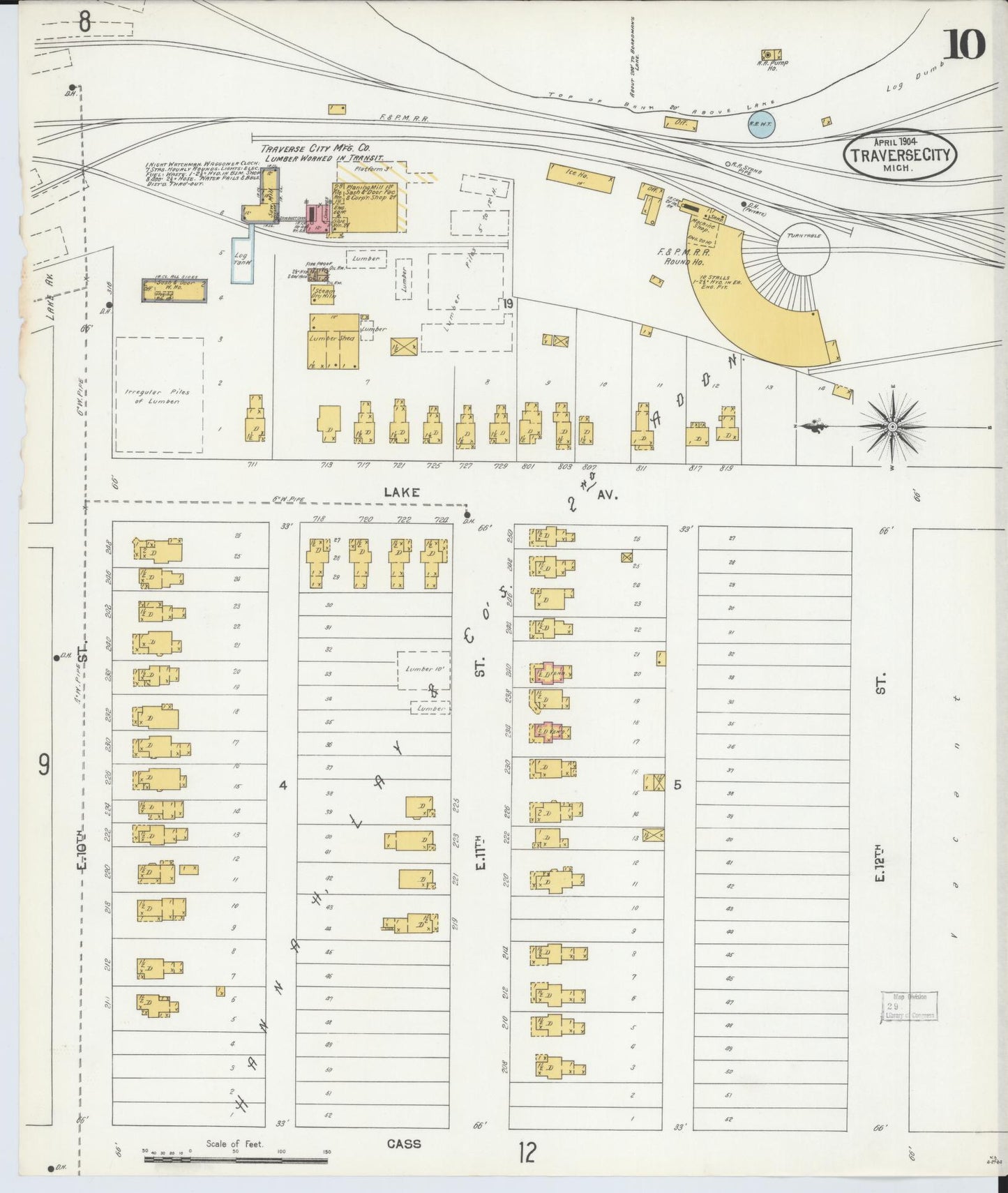 Sanborn Fire Insurance Map from Traverse City, Grand Traverse County, Michigan (1904), Sheet #0010 - Historic Sanborn Fire Insurance Map Print, vintage old map wall art, antique decor, genealogy gift, Michigan Michigan map