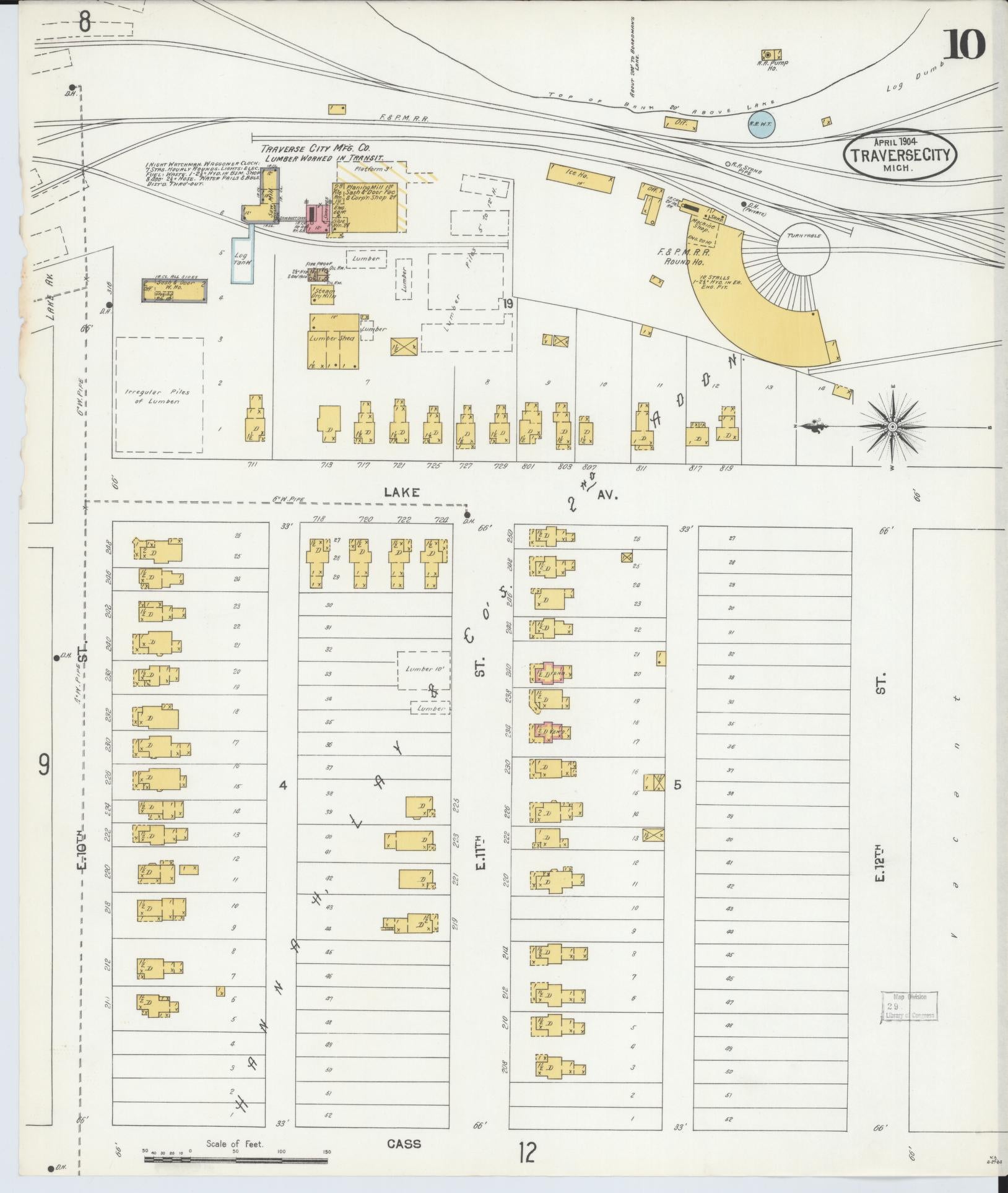 Sanborn Fire Insurance Map from Traverse City, Grand Traverse County, Michigan (1904), Sheet #0010 - Historic Sanborn Fire Insurance Map Print, vintage old map wall art, antique decor, genealogy gift, Michigan Michigan map