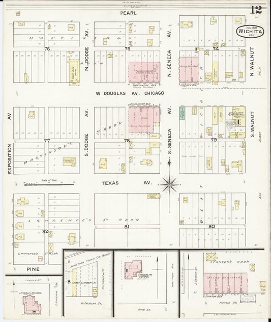 Sanborn Fire Insurance Map from Wichita, Sedgwick County, Kansas (1887), Sheet #0012 - Historic Sanborn Fire Insurance Map Print, vintage old map wall art, antique decor, genealogy gift, Kansas Kansas map
