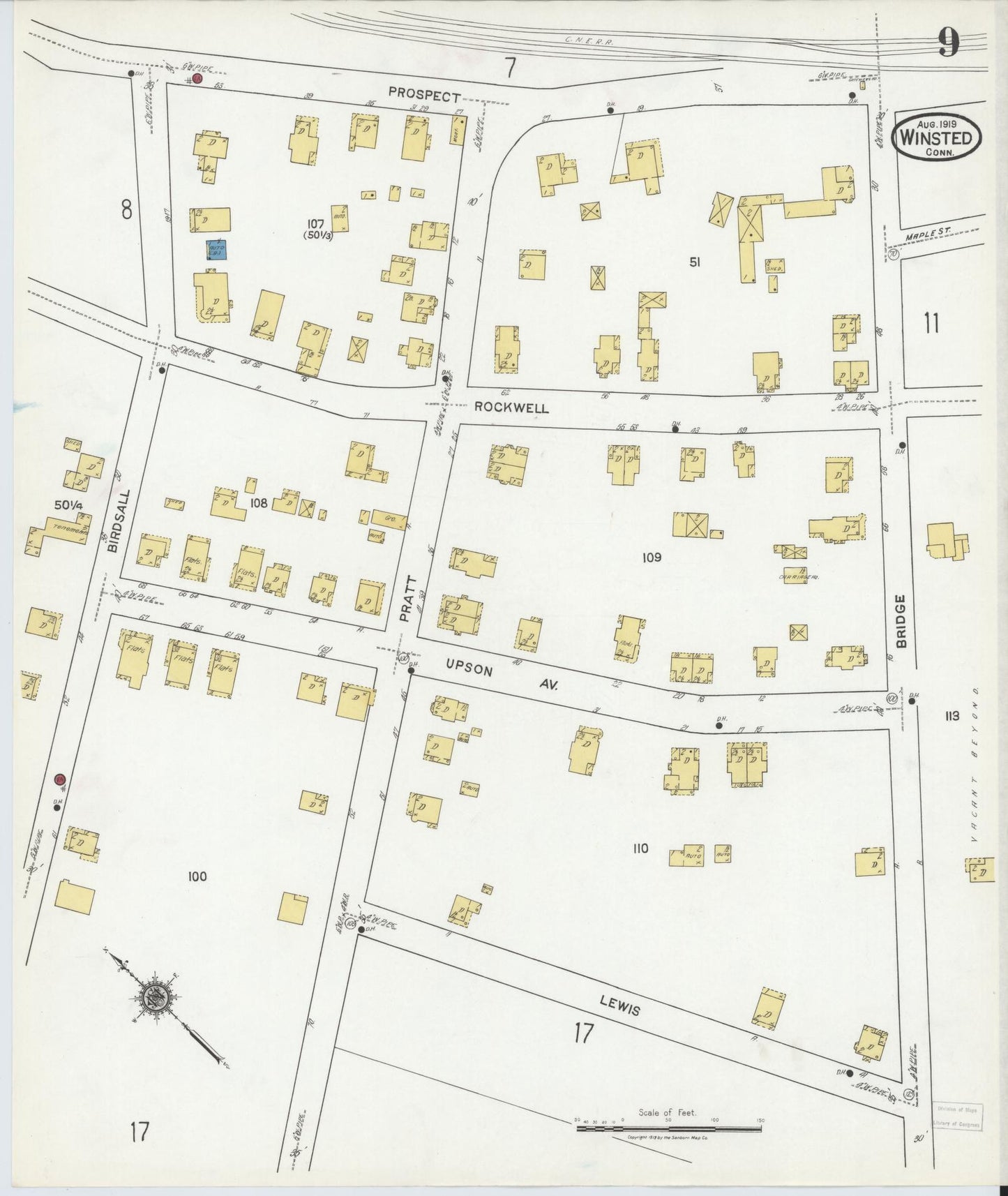 Sanborn Fire Insurance Map from Winsted, Litchfield County, Connecticut (1919), Sheet #0009 - Historic Sanborn Fire Insurance Map Print, vintage old map wall art, antique decor, genealogy gift, Connecticut Connecticut map