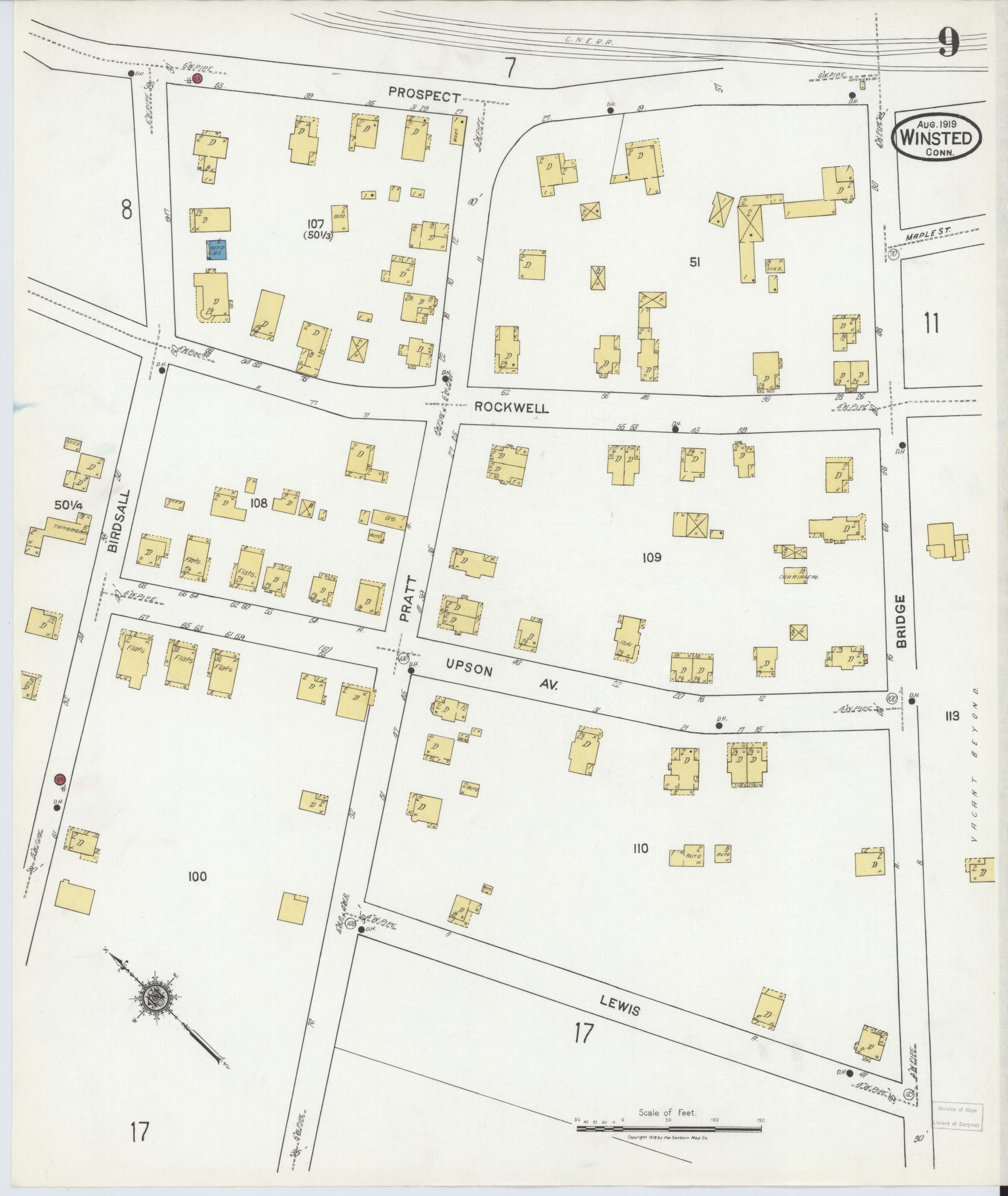 Sanborn Fire Insurance Map from Winsted, Litchfield County, Connecticut (1919), Sheet #0009 - Historic Sanborn Fire Insurance Map Print, vintage old map wall art, antique decor, genealogy gift, Connecticut Connecticut map