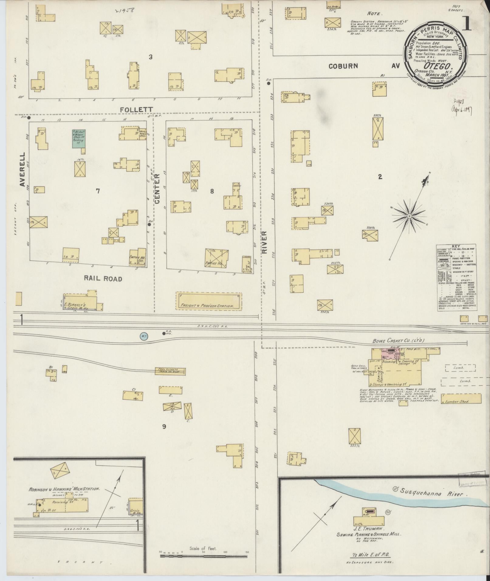 Sanborn Fire Insurance Map from Otego, Otsego County, New York (1897), Sheet #0001 - Complete Map Set gallery image, historic Sanborn map, vintage wall art, New York New York