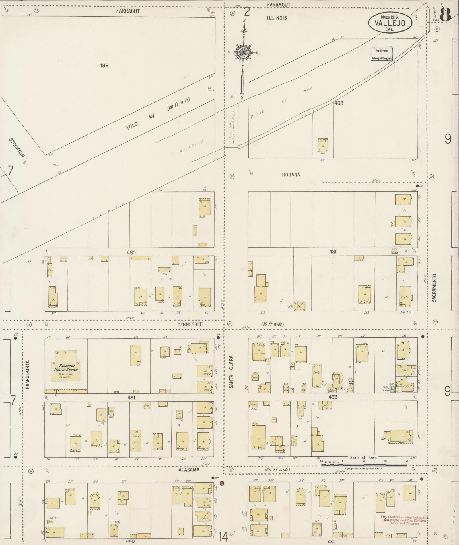 Sanborn Fire Insurance Map from Vallejo, Solano County, California (1919), Sheet #0008 - Complete Map Set gallery image, historic Sanborn map, vintage wall art, California California
