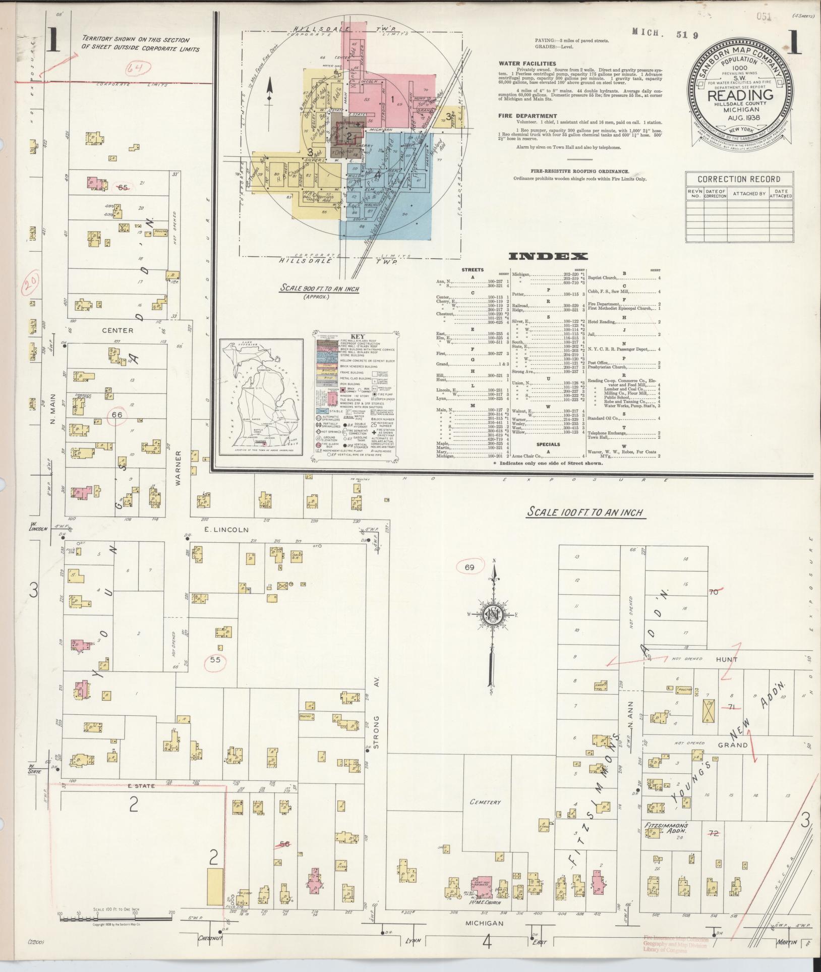 Sanborn Fire Insurance Map from Reading, Hillsdale County, Michigan (1938), Sheet #0001 - Complete Map Set gallery image, historic Sanborn map, vintage wall art, Michigan Michigan
