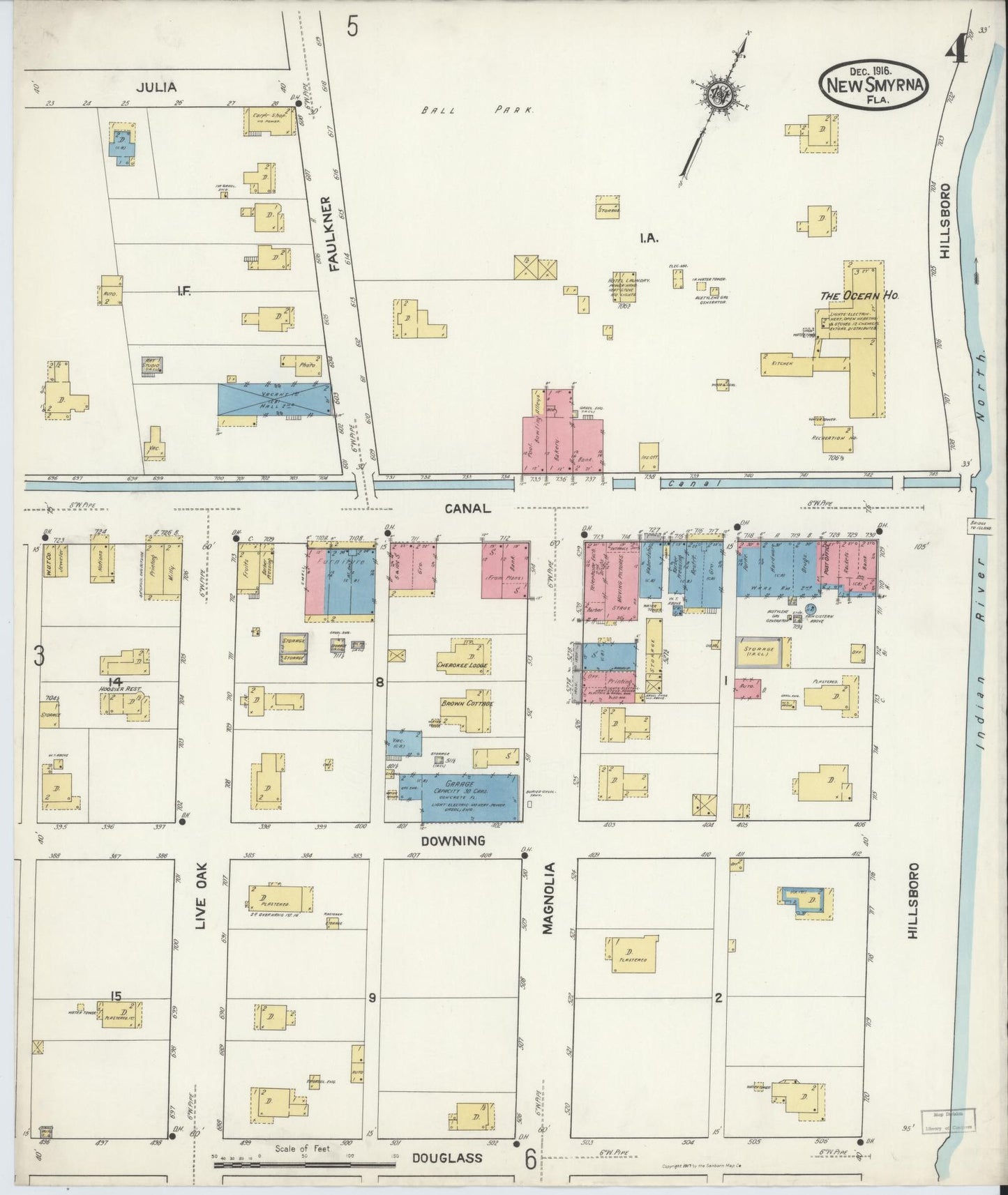 Sanborn Fire Insurance Map from New Smyrna, Valusia County, Florida (1916), Sheet #0004 - Complete Map Set gallery image, historic Sanborn map, vintage wall art, Florida Florida